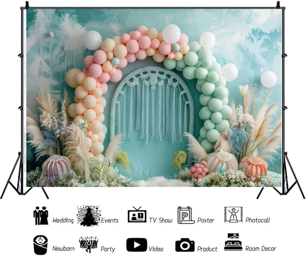 پس زمینه طاق بادکنک سه بعدی صورتی و سبز برای تولد، بادکنک های رنگارنگ، گل ها، تولد یک سالگی نوزاد، پس زمینه عکاسی جشن نوزاد، لوازم عکسبرداری