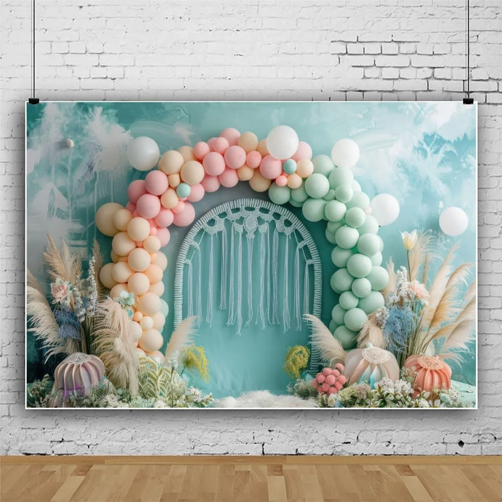 پس زمینه طاق بادکنک سه بعدی صورتی و سبز برای تولد، بادکنک های رنگارنگ، گل ها، تولد یک سالگی نوزاد، پس زمینه عکاسی جشن نوزاد، لوازم عکسبرداری