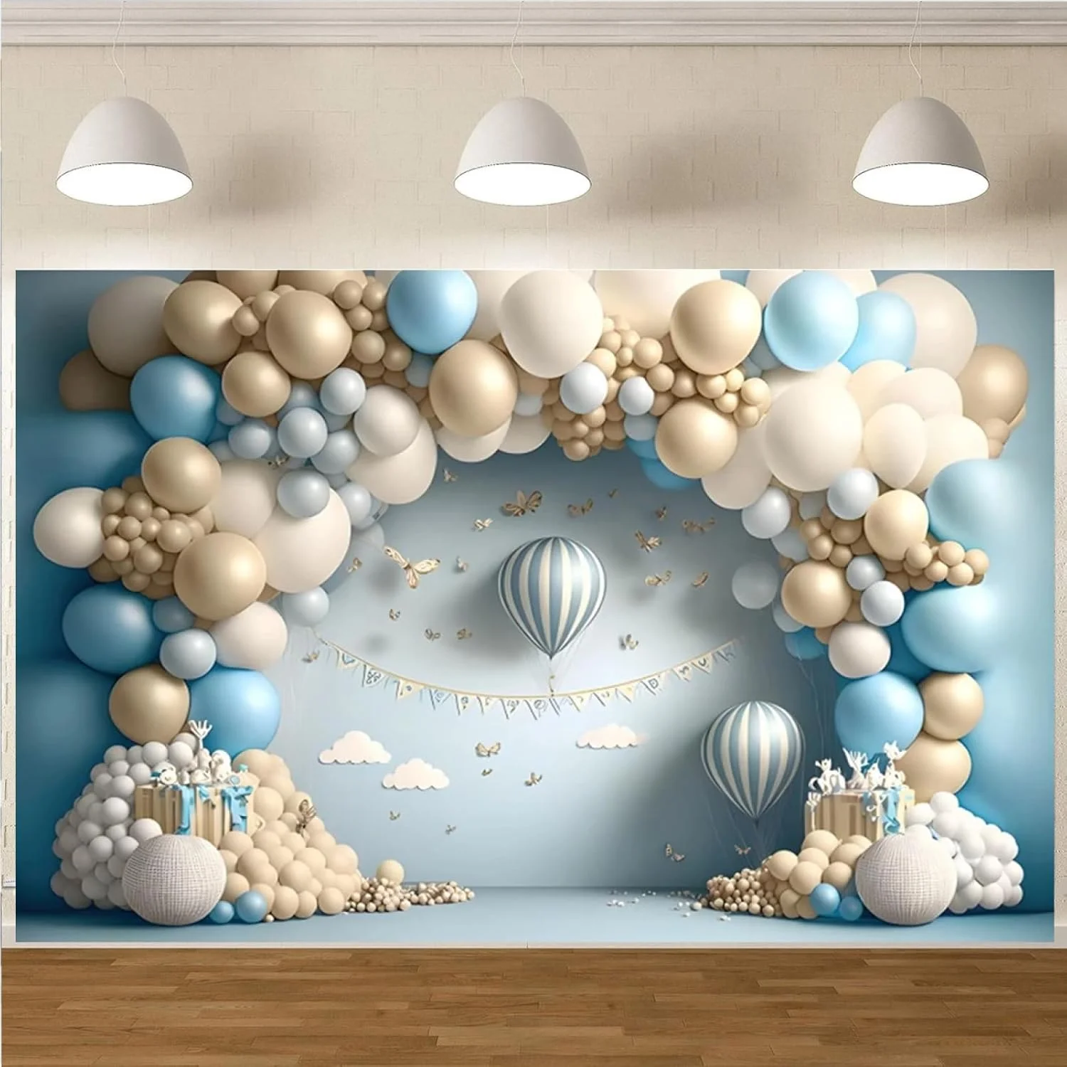 پس زمینه سه بعدی بادکنکی برای عکاسی، بادکنک هوای گرم، پروانه، دکوراسیون جشن تولد نوزاد، پس زمینه جشن بیبی شاور، پس زمینه کیک اسمش، پس زمینه جشن عروسی، 8X6FT