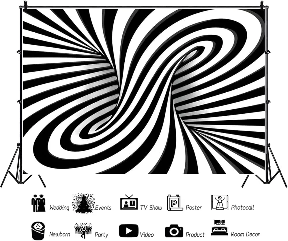 پس زمینه راه راه سیاه و سفید، پس زمینه عکاسی طرح مارپیچ سه بعدی، پس زمینه تونل بی نهایت، مناسب برای عکس پرتره بزرگسالان و کودکان، ابعاد 3x2.4 متر