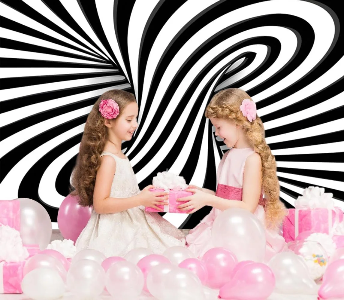 پس زمینه راه راه سیاه و سفید، پس زمینه عکاسی طرح مارپیچ سه بعدی، پس زمینه تونل بی نهایت، مناسب برای عکس پرتره بزرگسالان و کودکان، ابعاد 3x2.4 متر