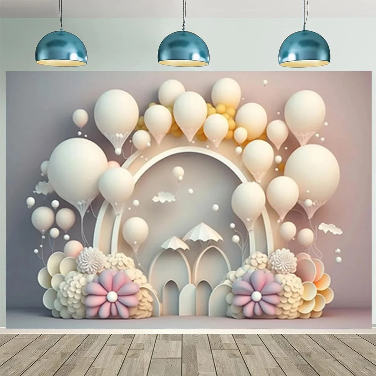 پس زمینه سه بعدی بادکنکی گل آرک برای جشن تولد، مناسب عکاسی، جشن بهاری عروس، دکوراسیون جشن عروسی، جشن نوزادی، پس زمینه کیک (240X180 سانتی متر)