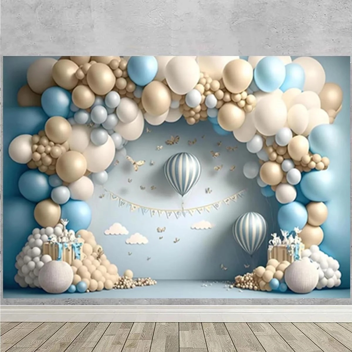 پس زمینه سه بعدی بادکنکی برای عکاسی، بادکنک هوای گرم، پروانه، دکوراسیون جشن تولد نوزاد، پس زمینه جشن بیبی شاور، پس زمینه کیک اسمش، پس زمینه جشن عروسی، 8X6FT