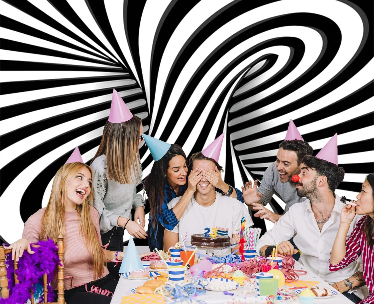 پس زمینه راه راه سیاه و سفید، پس زمینه عکاسی طرح مارپیچ سه بعدی، پس زمینه تونل بی نهایت، مناسب برای عکس پرتره بزرگسالان و کودکان، ابعاد 3x2.4 متر