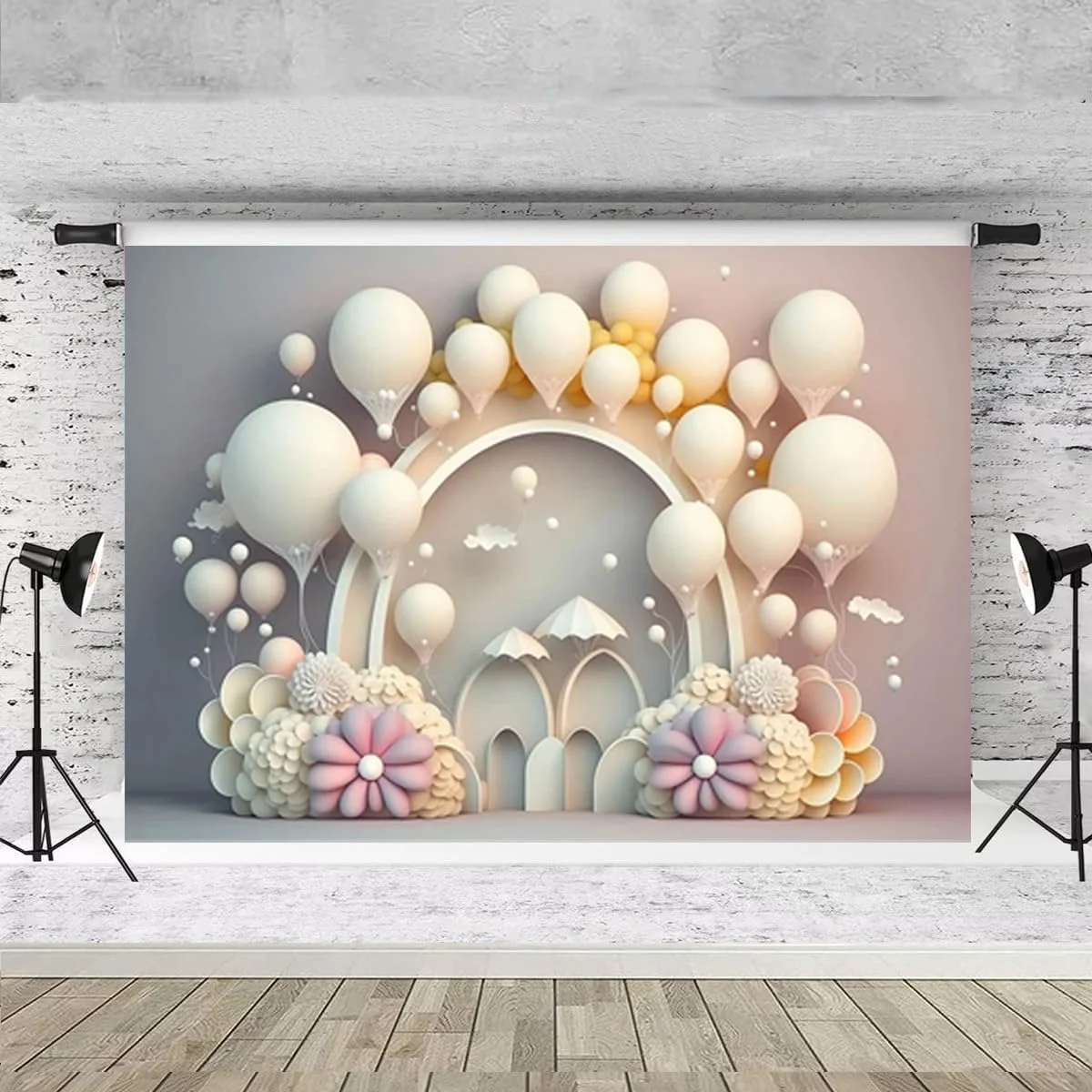 پس زمینه سه بعدی بادکنکی گل آرک برای جشن تولد، مناسب عکاسی، جشن بهاری عروس، دکوراسیون جشن عروسی، جشن نوزادی، پس زمینه کیک (240X180 سانتی متر)