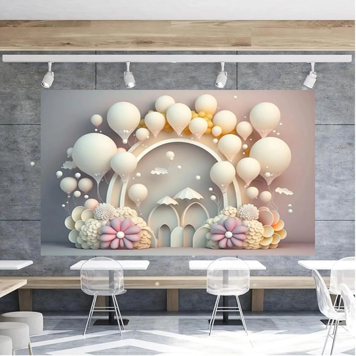 پس زمینه سه بعدی بادکنکی گل آرک برای جشن تولد، مناسب عکاسی، جشن بهاری عروس، دکوراسیون جشن عروسی، جشن نوزادی، پس زمینه کیک (240X180 سانتی متر)