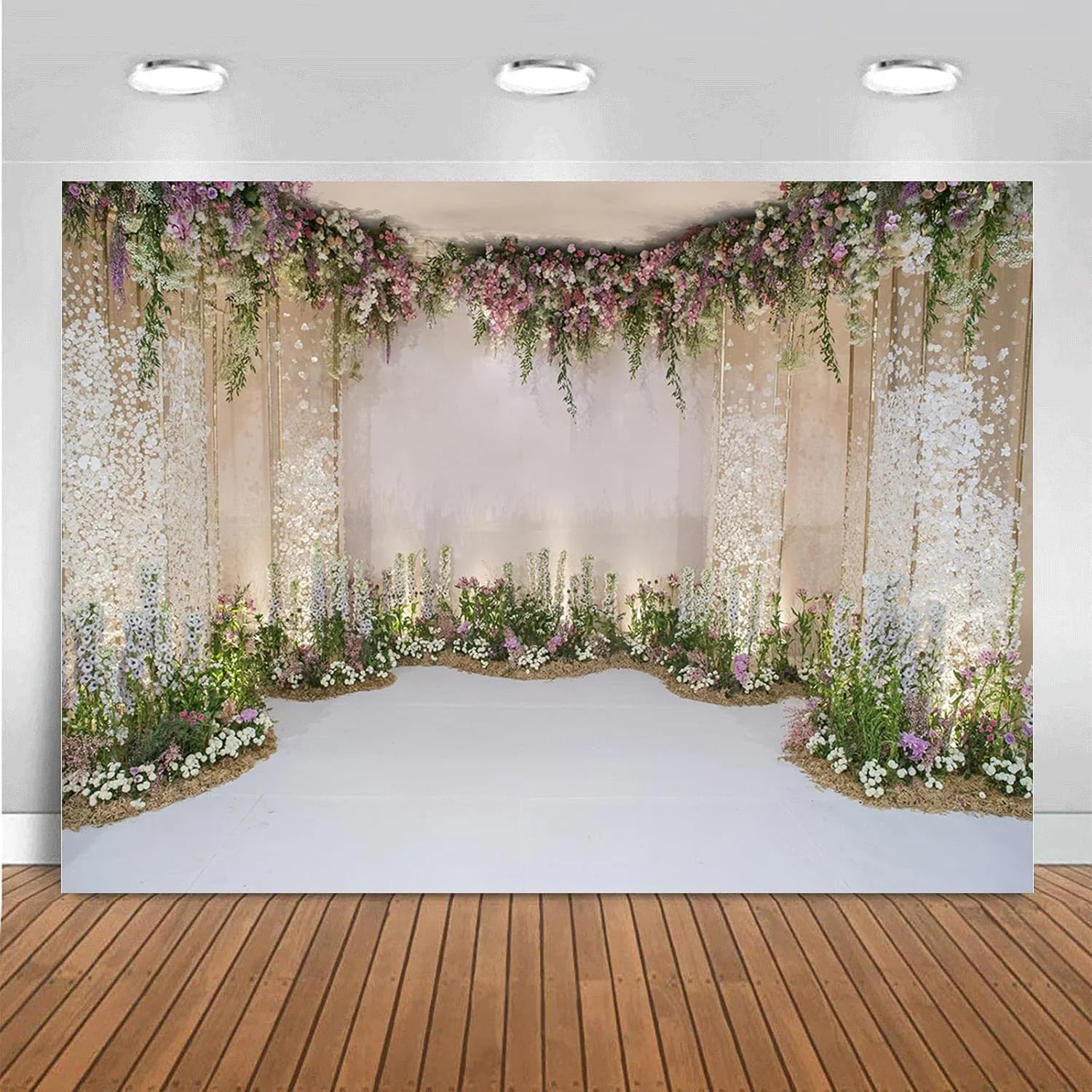 پرده پس زمینه سه بعدی تالار برای دکوراسیون مراسم عروسی، گل آرایی، بنر، پس زمینه جشن نامزدی، پس زمینه گلدار برای ازدواج، استودیو عکس پرتره (213x152 سانتی متر)