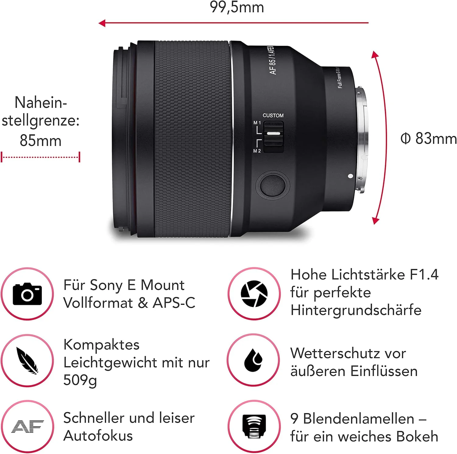 لنز فوکوس ثابت SAMYANG 888367 مدل AF 85mm F1.4 FE II سازگار با دهانه E سونی α، سایز کامل، تله متوسط، مشکی لنز فوکوس ثابت SAMYANG 888367 مدل AF 85mm F1.4 FE II سازگار با دهانه E سونی α، سایز کامل، تله متوسط، مشکی