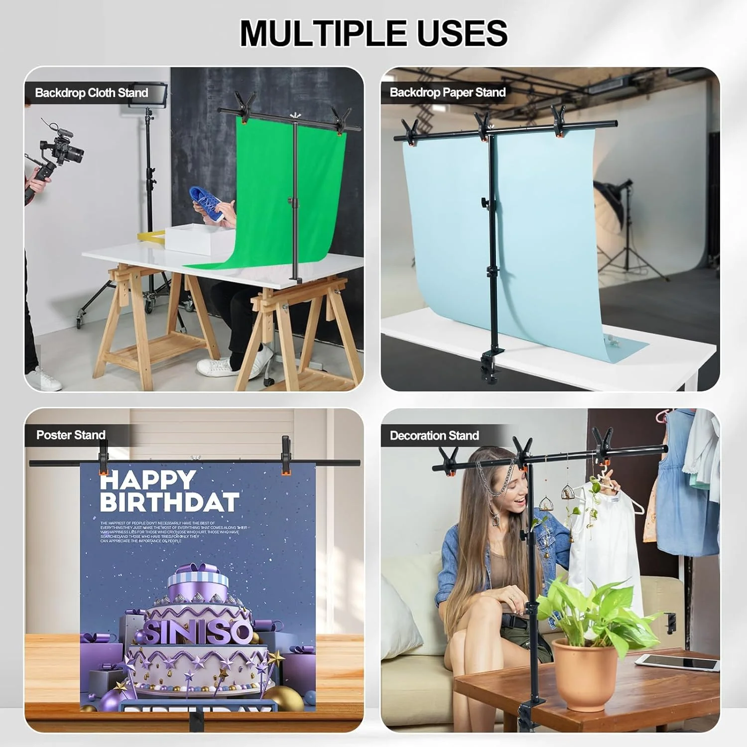 پایه نگهدارنده پس زمینه رومیزی عکاسی زومیدیه، کیت پایه نگهدارنده پس زمینه عکس قابل تنظیم با گیره های C، پایه پس زمینه با 3 گیره، نگهدارنده بنر پس زمینه T شکل برای عکاسی