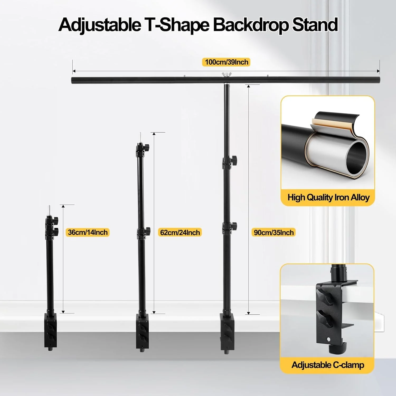 پایه نگهدارنده پس زمینه رومیزی عکاسی زومیدیه، کیت پایه نگهدارنده پس زمینه عکس قابل تنظیم با گیره های C، پایه پس زمینه با 3 گیره، نگهدارنده بنر پس زمینه T شکل برای عکاسی