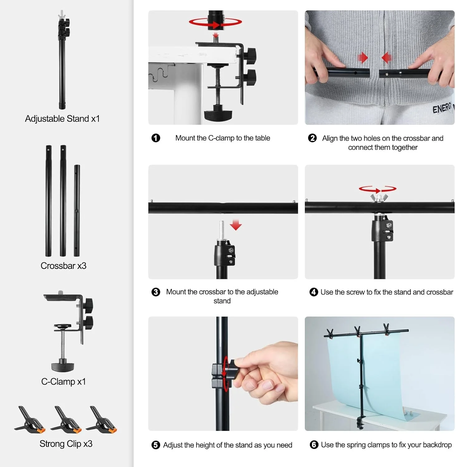 پایه نگهدارنده پس زمینه رومیزی عکاسی زومیدیه، کیت پایه نگهدارنده پس زمینه عکس قابل تنظیم با گیره های C، پایه پس زمینه با 3 گیره، نگهدارنده بنر پس زمینه T شکل برای عکاسی