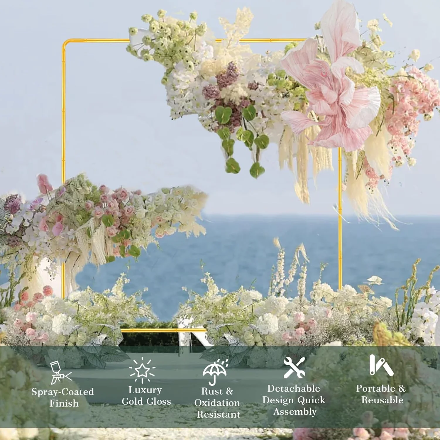 استند پس زمینه طاق بادکنک عروسی 2Mx2M، قاب طاق فلزی مستطیلی طلایی برای طاق گل باغ، تولد، تزئینات جشن بیبی شاور