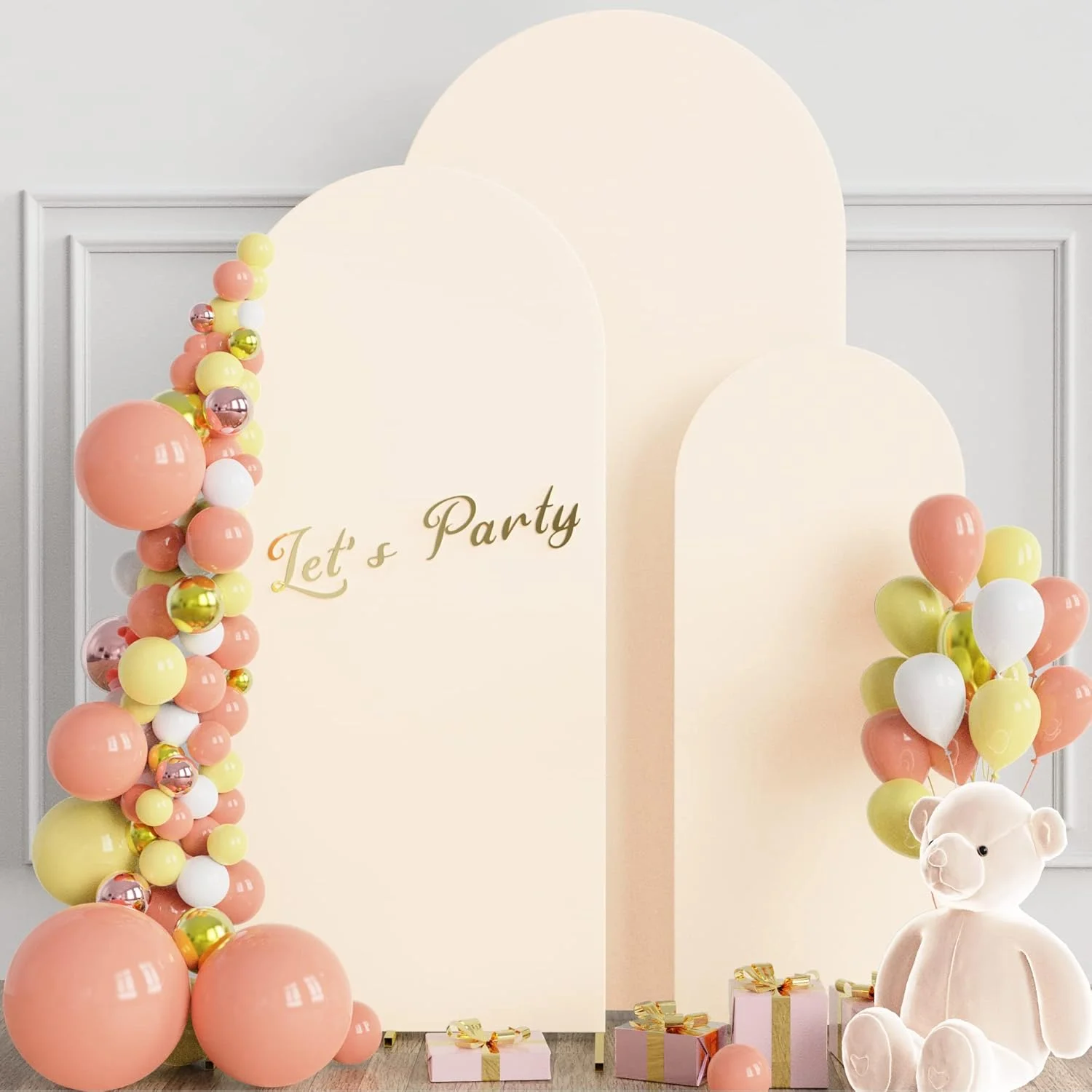 روکش های پایه طاق عروسی اسپندکس Wokceer - پایه های پس زمینه طاق کیارا با سر گرد برای دکوراسیون جشن تولد، مراسم و ضیافت - 120، 150، 180 سانتی متر - بژ