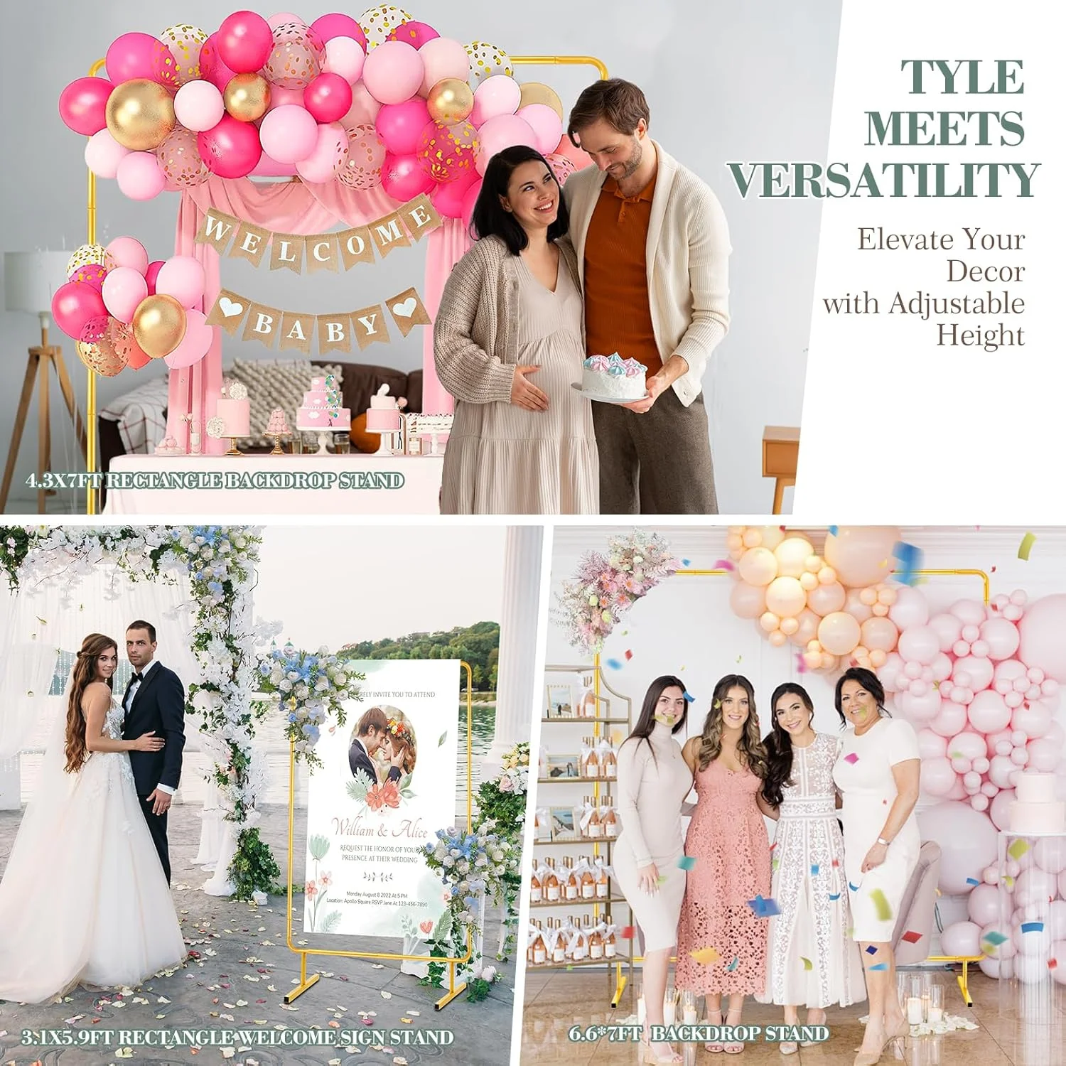 استند پس زمینه طاق بادکنک عروسی 2Mx2M، قاب طاق فلزی مستطیلی طلایی برای طاق گل باغ، تولد، تزئینات جشن بیبی شاور