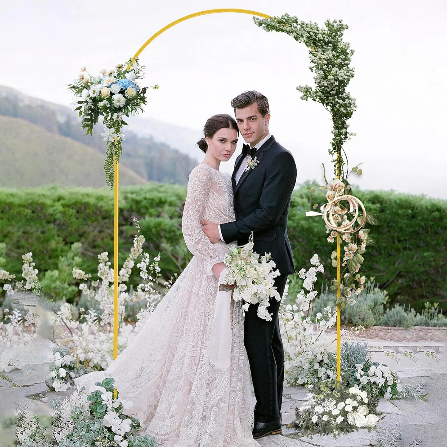 استند پس زمینه طاق طلایی 2.2 متری با 2 کیسه آب، قاب طاق برای بادکنک/گل/جشن نوزاد/تولد، استند فلزی محکم برای مراسم عروسی/مراسم داخلی/خارجی