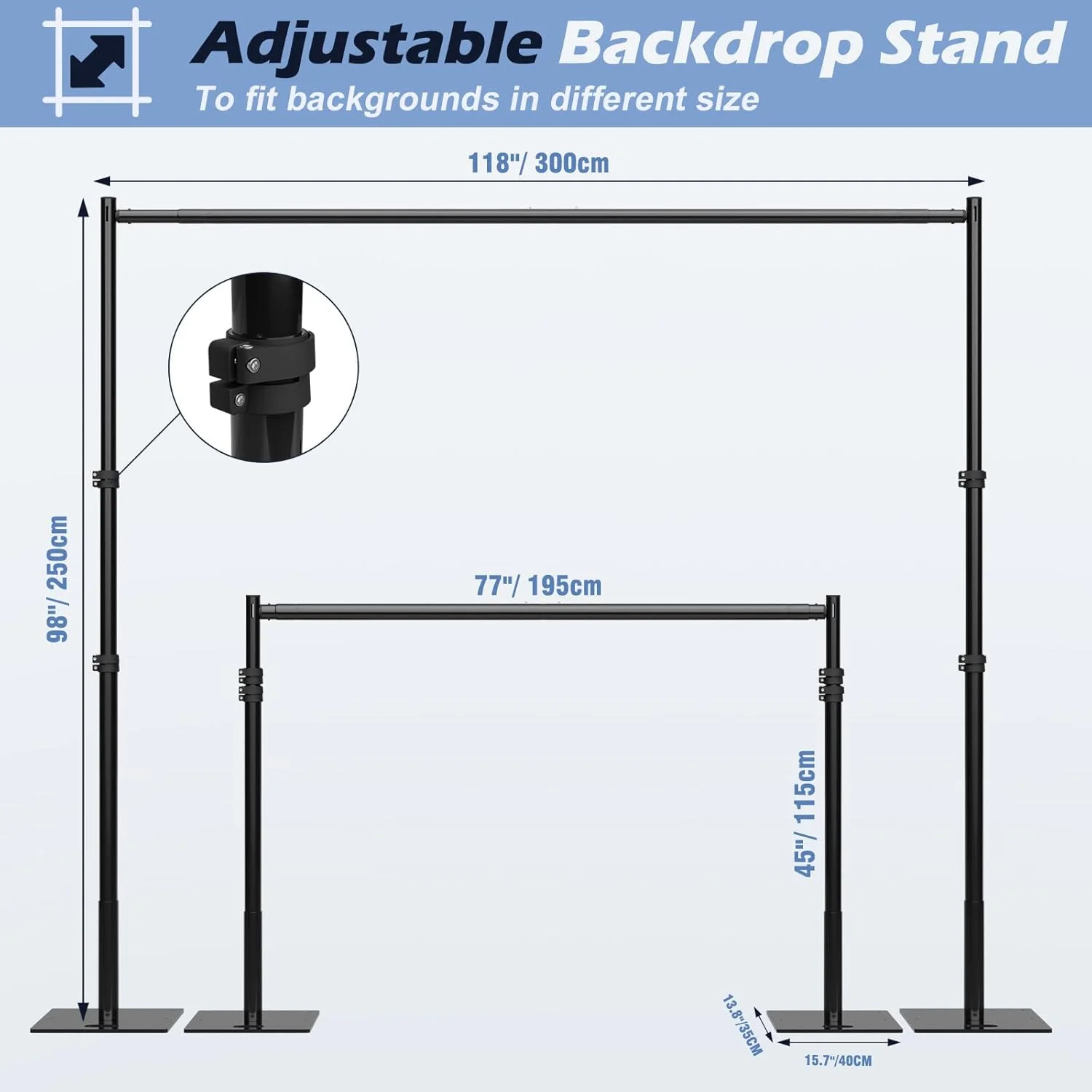 پایه پرده پس زمینه سنگین، کیت پایه پرده و لوله 2.4x3 متری با قاب میله های تلسکوپی قابل تنظیم و پایه فلزی (2.4x3 متر + گیره) پایه پرده پس زمینه سنگین، کیت پایه پرده و لوله 2.4x3 متری با قاب میله های تلسکوپی قابل تنظیم و پایه فلزی (2.4x3 متر + گیره)