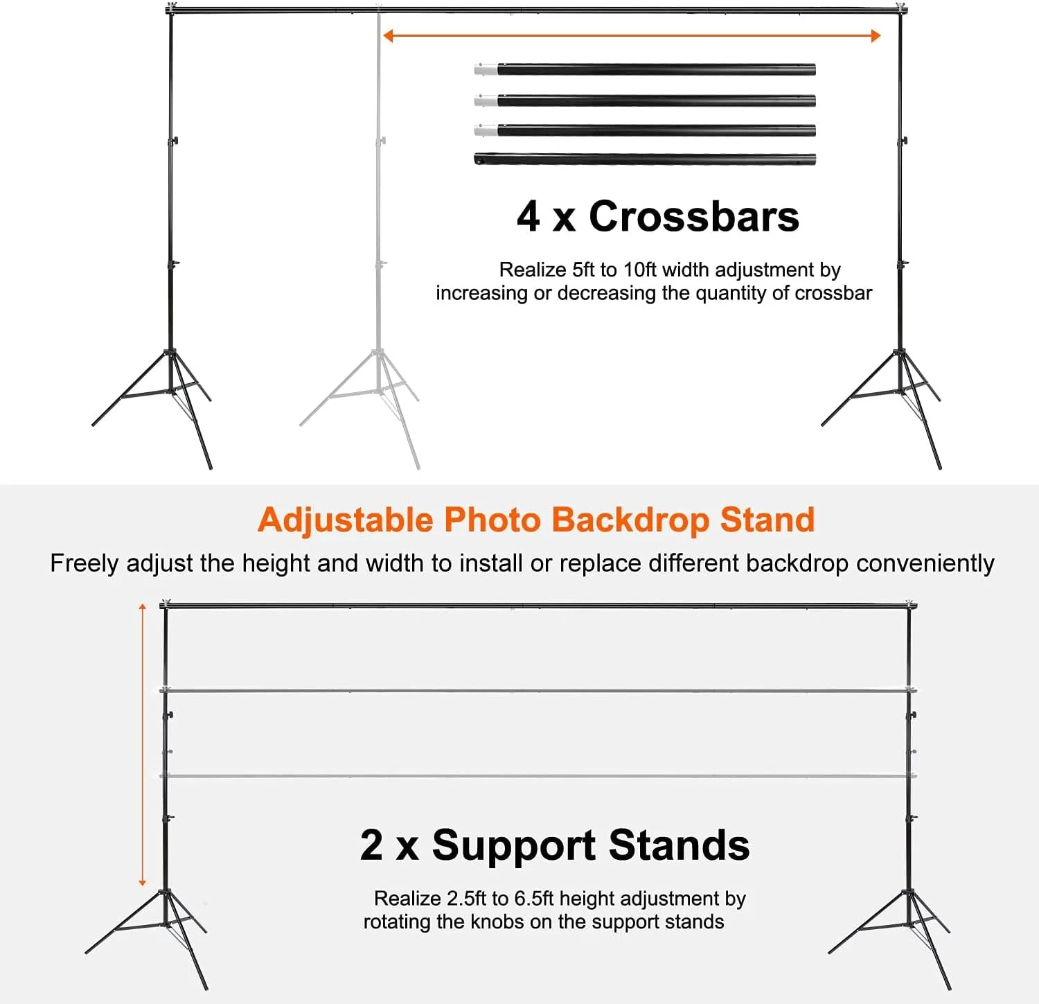 پایه پس زمینه، 3x2.1 متر (عرضxارتفاع) استودیو عکس و فیلم، پایه نگهدارنده پس زمینه قابل تنظیم با 4 میله افقی، 6 گیره و کیف حمل، سیستم پشتیبانی پس زمینه برای عکاسی، مهمانی ها، عروسی، دکوراسیون