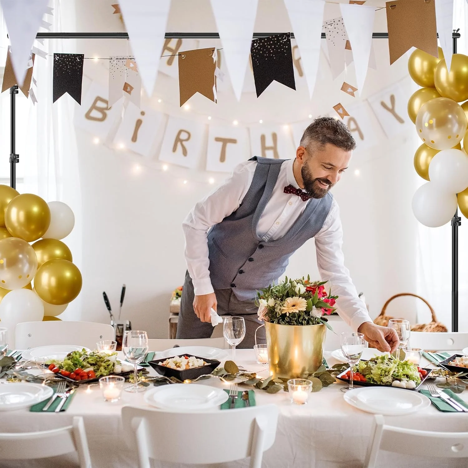 پایه پس زمینه 3x2 متر، کیت سیستم پشتیبانی پس زمینه قابل تنظیم استودیوی عکس با 8 میله افقی، 8 گیره و کیف حمل برای مهمانی ها، عروسی، عکاسی، دکوراسیون