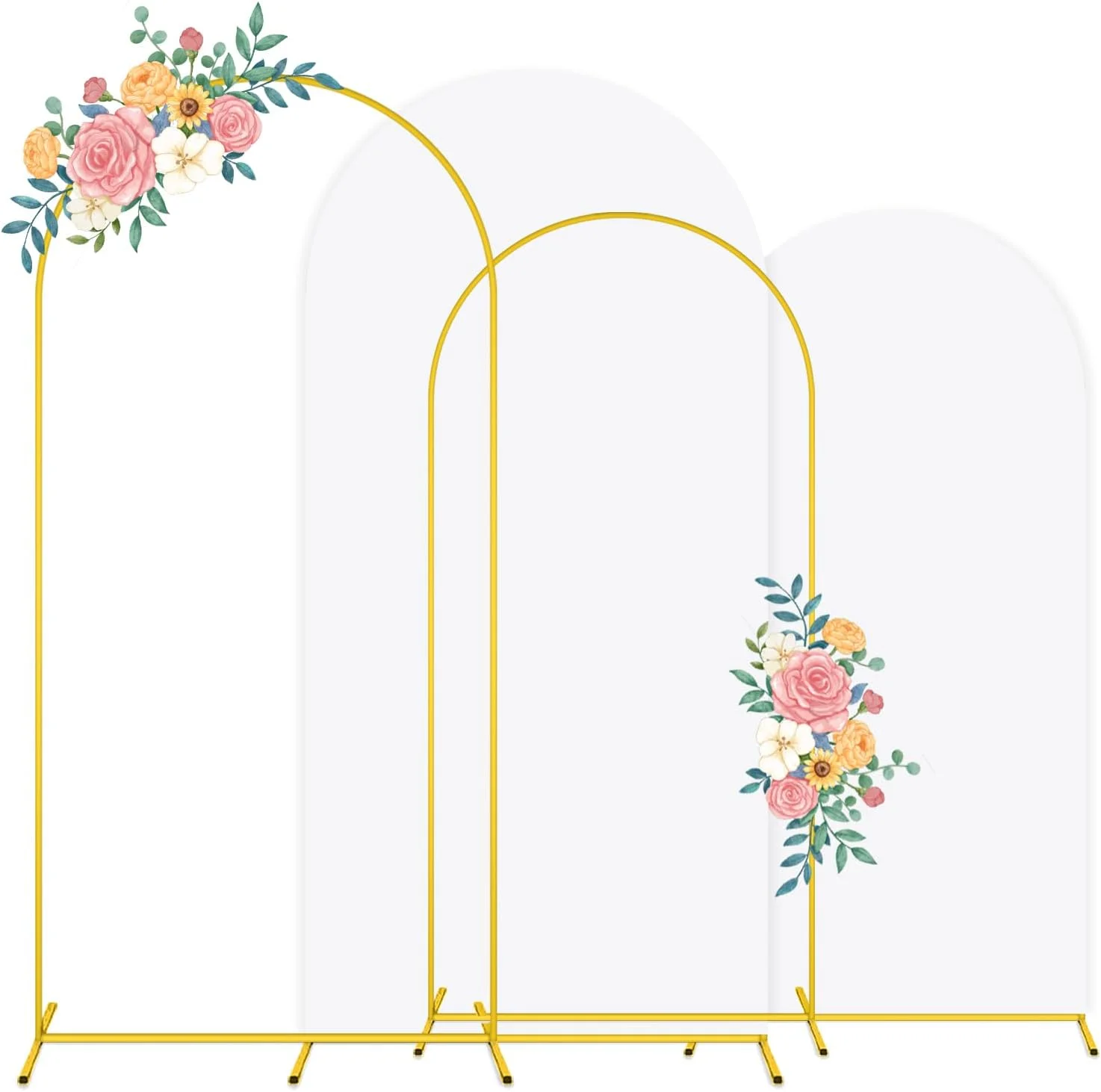 مجموعه پایه و روکش طاق فلزی، شامل دو عدد پایه طاق پس زمینه فلزی با روکش های سفید رنگ از جنس اسپندکس، مناسب برای طاق های عروسی با ارتفاع 2.2 و 1.8 متر، پس زمینه ای ایده آل برای جشن تولد، جشن نامزدی، جشن سیسمونی و تزئینات مهمانی