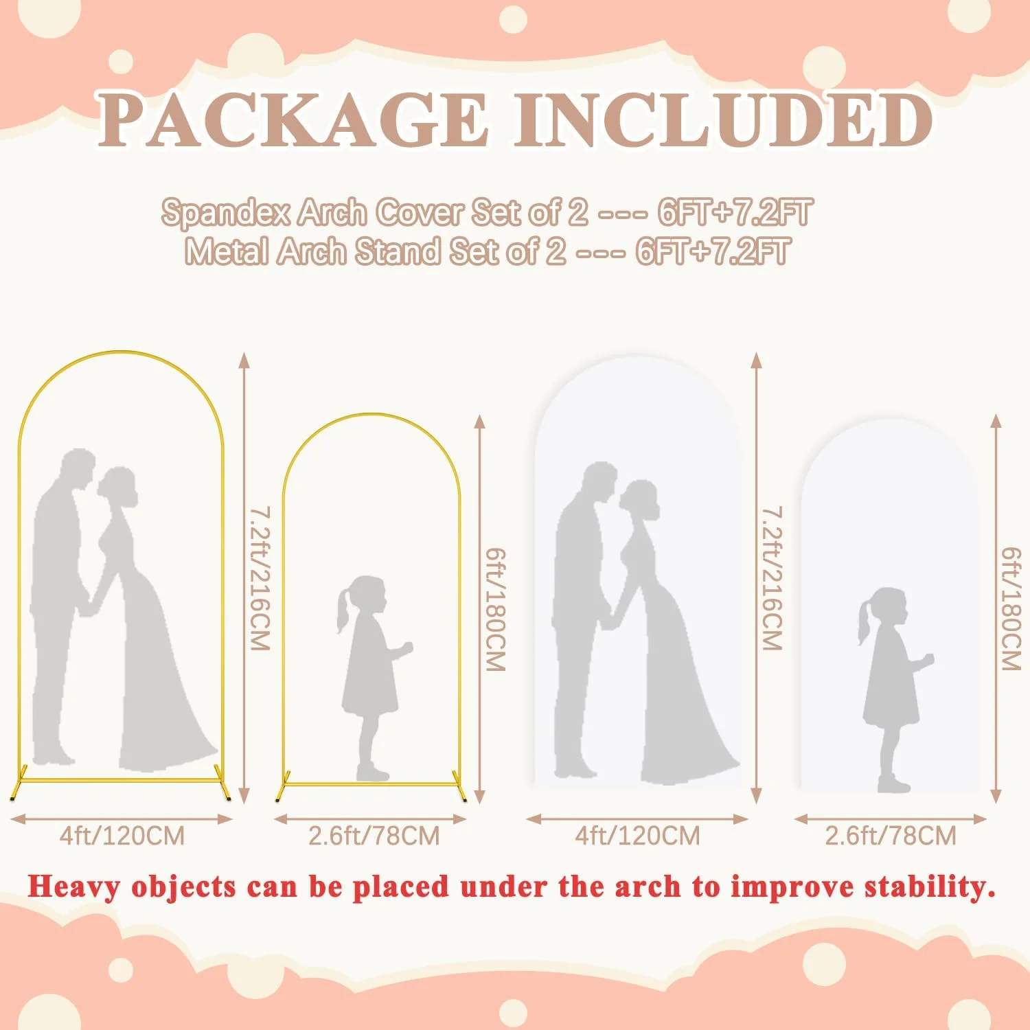 مجموعه پایه و روکش طاق فلزی، شامل دو عدد پایه طاق پس زمینه فلزی با روکش های سفید رنگ از جنس اسپندکس، مناسب برای طاق های عروسی با ارتفاع 2.2 و 1.8 متر، پس زمینه ای ایده آل برای جشن تولد، جشن نامزدی، جشن سیسمونی و تزئینات مهمانی مجموعه پایه و روکش طاق فلزی، شامل دو عدد پایه طاق پس زمینه فلزی با روکش های سفید رنگ از جنس اسپندکس، مناسب برای طاق های عروسی با ارتفاع 2.2 و 1.8 متر، پس زمینه ای ایده آل برای جشن تولد، جشن نامزدی، جشن سیسمونی و تزئینات مهمانی