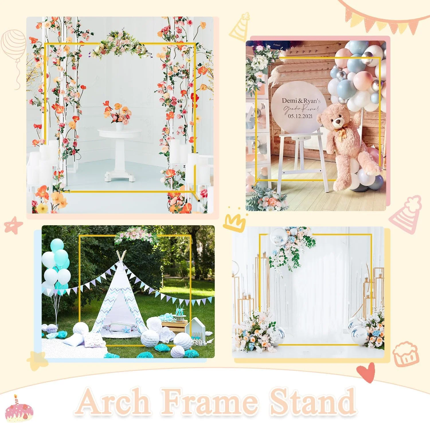 استند طاق عروسی طلایی 2 متری مربعی فلزی، استند پس زمینه طاق، استند طاق بادکنک، طاق های عروسی برای مراسم، استند پس زمینه مهمانی، قاب طاقی برای تزئینات باغ سالگرد تولد