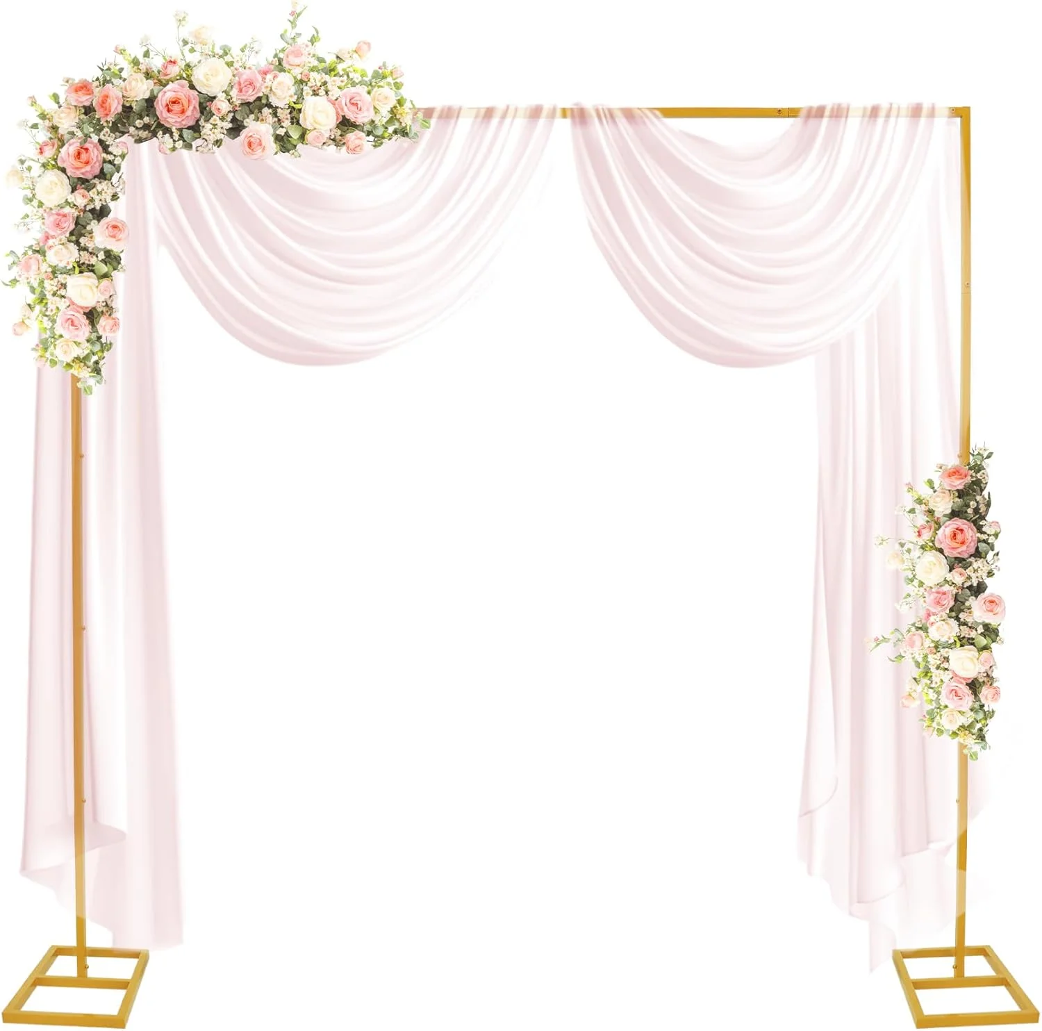 پایه پرده و پس زمینه سنگین OARSE، ابعاد 2.4 در 2.4 متر، با لوله طلایی و کیت پرده، پایه فلزی مربعی برای عروسی/جشن تولد/مهمانی/غرفه عکس (گل ها و پرده ها شامل نمی شوند)