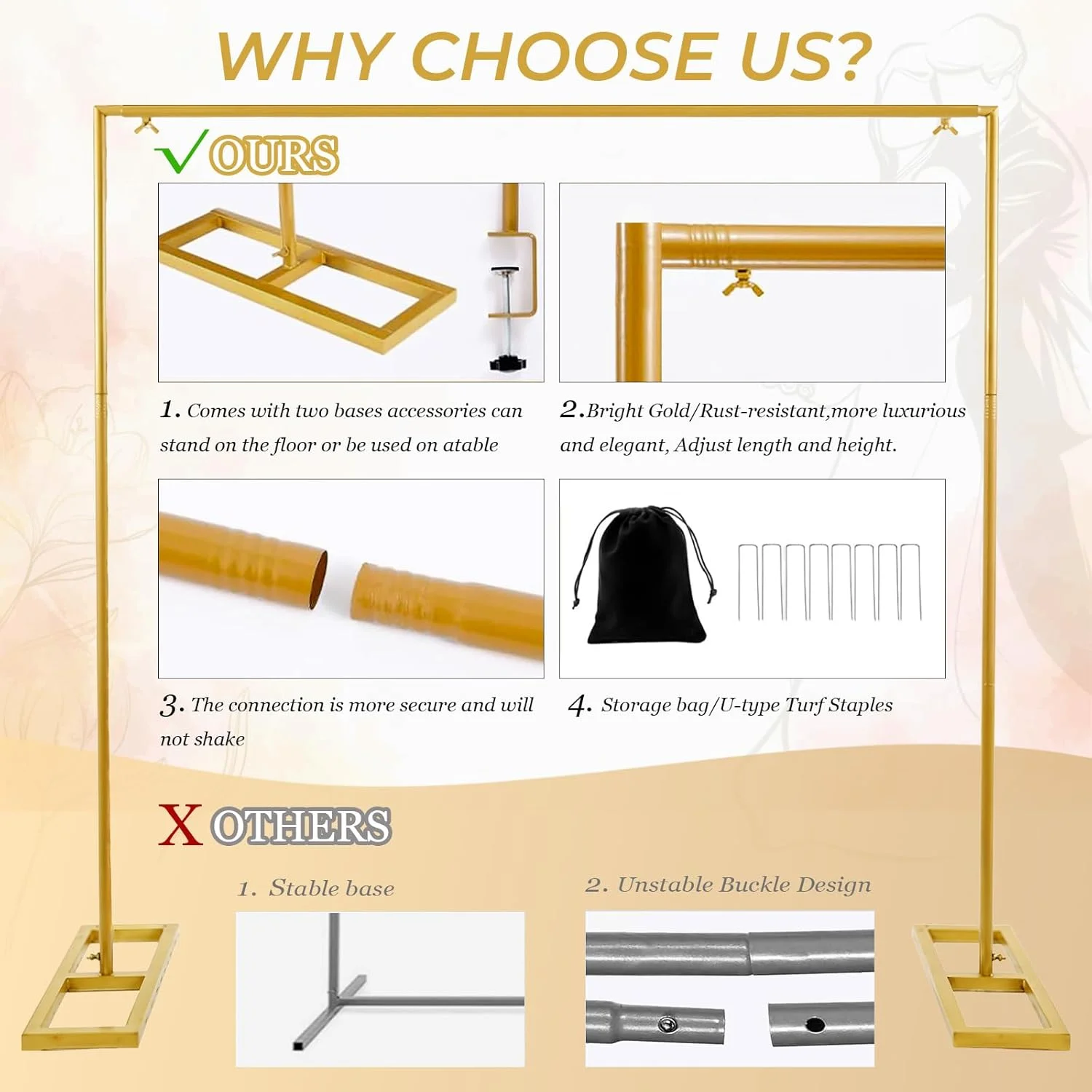 استند پس زمینه مستطیلی مراسم عروسی OurWarm، استند کمانی فلزی با پایه، استند مربعی بادکنک برای جشن تولد، جشن نوزادی و مراسم