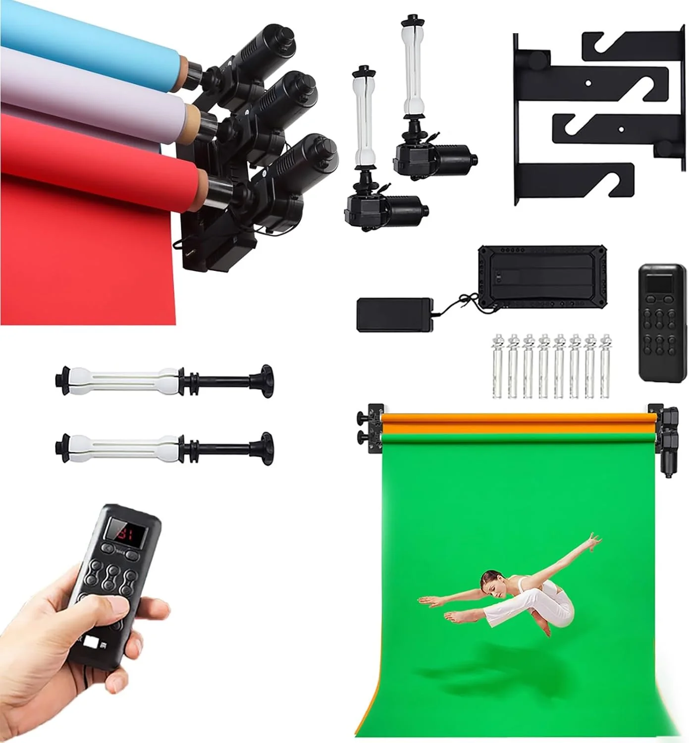 کیت سیستم نگهدارنده پس زمینه رولی موتوری، نگهدارنده برقی پس زمینه با قابلیت نصب روی دیوار و سقف با کنترل از راه دور، پایه نگهدارنده پس زمینه ایستاده برای استودیو عکاسی (2 رول)