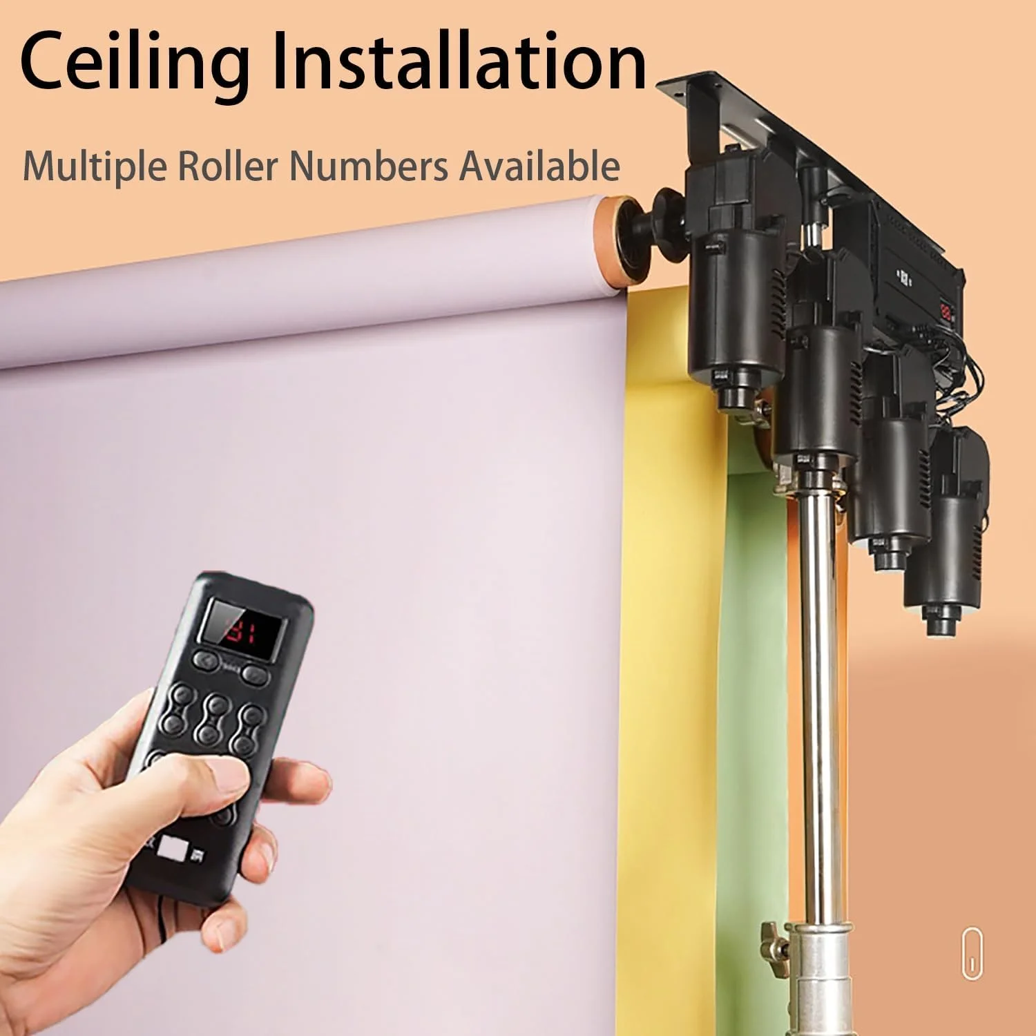 کیت سیستم نگهدارنده پس زمینه رولی موتوری، نگهدارنده برقی پس زمینه با قابلیت نصب روی دیوار و سقف با کنترل از راه دور، پایه نگهدارنده پس زمینه ایستاده برای استودیو عکاسی (2 رول) کیت سیستم نگهدارنده پس زمینه رولی موتوری، نگهدارنده برقی پس زمینه با قابلیت نصب روی دیوار و سقف با کنترل از راه دور، پایه نگهدارنده پس زمینه ایستاده برای استودیو عکاسی (2 رول)