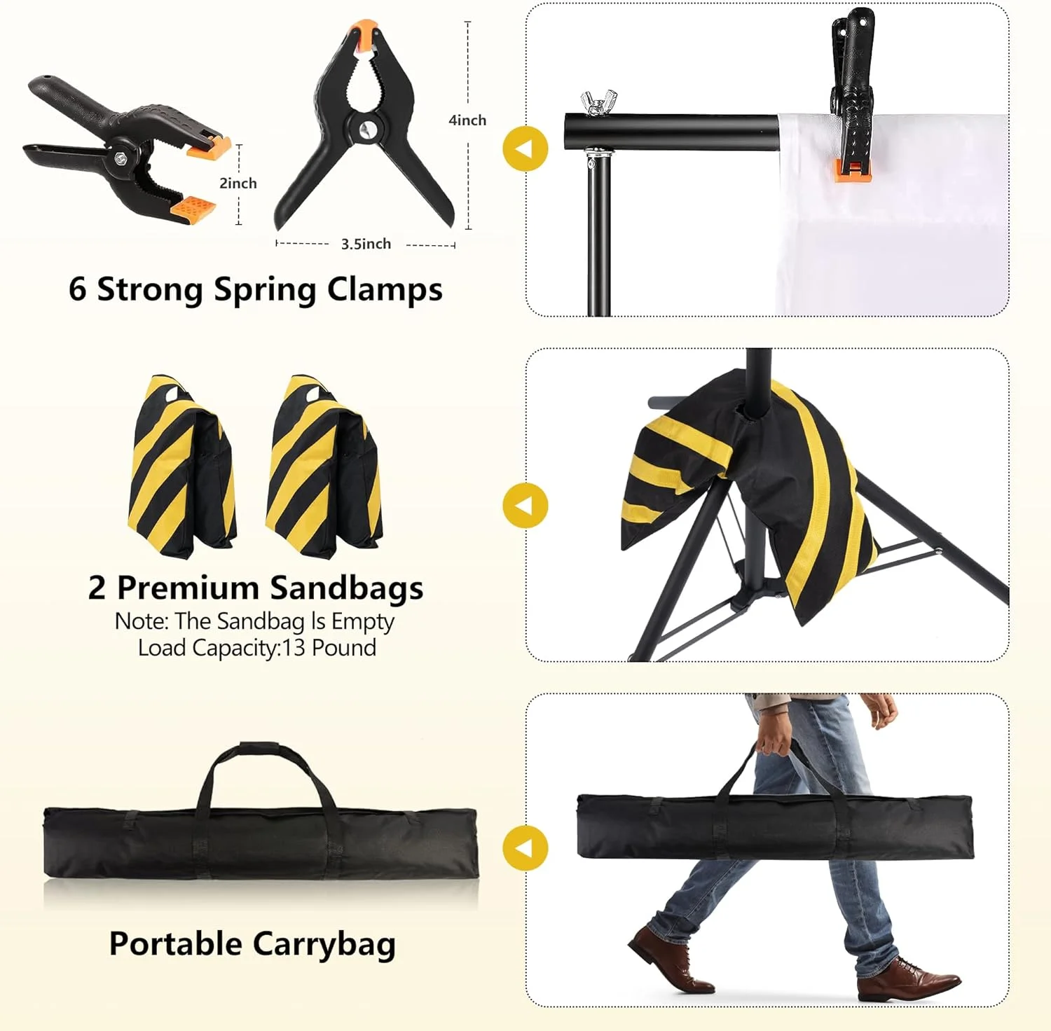 پایه фон عکاسی سنگین OPKING، کیت پایه фон عکس قابل تنظیم با 4 میله عرضی، 6 گیره، 2 کیسه شن، کیف حمل، پایه پس زمینه برای مهمانی ها، عکاسی عروسی، تزئینات جشنواره