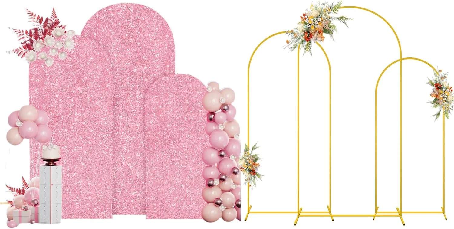 مجموعه پایه و روکش پس زمینه قوسی فلزی MODFUNS در اندازه های 1.8، 2 و 2.2 متری با روکش قوسی پولک طلایی صورتی. مجموعه 3 عددی پایه های قوسی، روکش های قوسی کیارا برای تزئینات مراسم عروسی و مهمانی