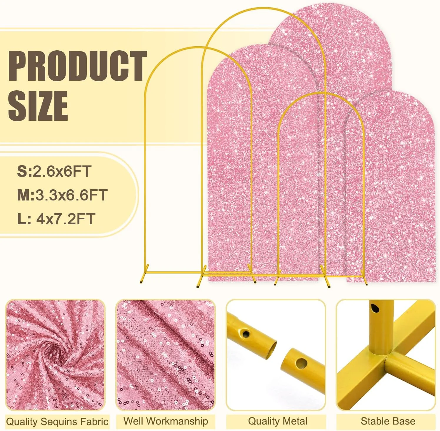 مجموعه پایه و روکش پس زمینه قوسی فلزی MODFUNS در اندازه های 1.8، 2 و 2.2 متری با روکش قوسی پولک طلایی صورتی. مجموعه 3 عددی پایه های قوسی، روکش های قوسی کیارا برای تزئینات مراسم عروسی و مهمانی مجموعه پایه و روکش پس زمینه قوسی فلزی MODFUNS در اندازه های 1.8، 2 و 2.2 متری با روکش قوسی پولک طلایی صورتی. مجموعه 3 عددی پایه های قوسی، روکش های قوسی کیارا برای تزئینات مراسم عروسی و مهمانی