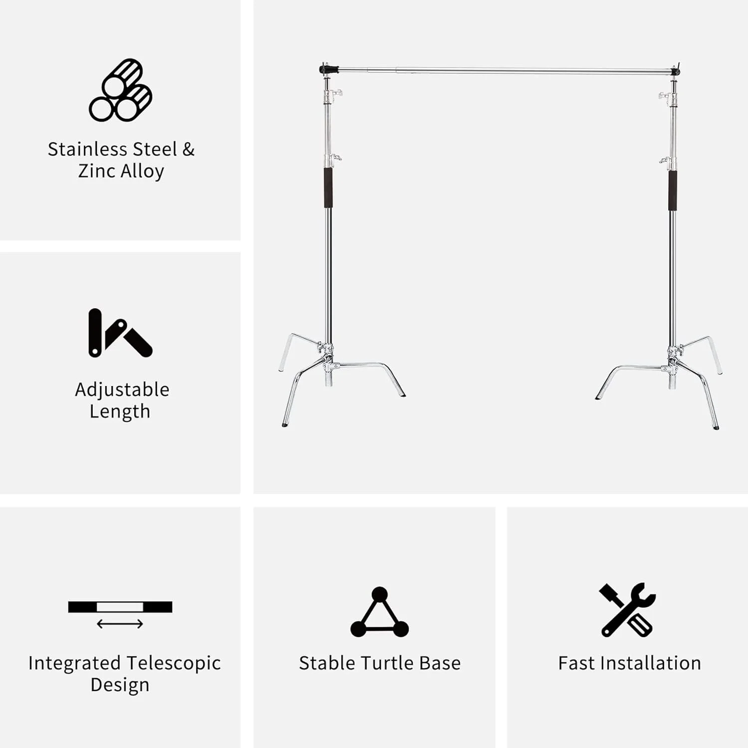 مکینگ سلنس پایه C برای پس زمینه عکس 3x3 متر، سیستم پشتیبانی پس زمینه سنگین و حرفه ای برای عکاسی، پایه نور قابل تنظیم و میله افقی برای استودیو فیلمبرداری