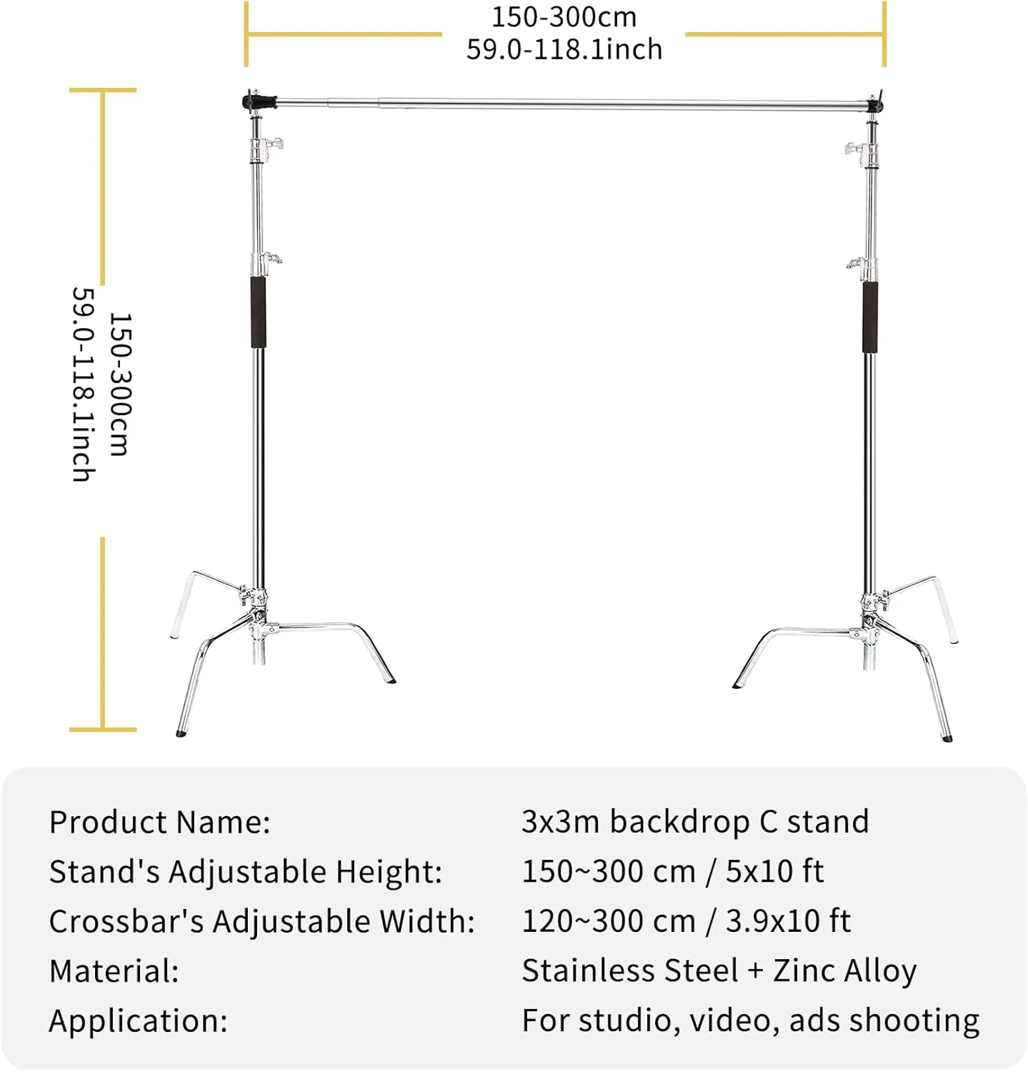 مکینگ سلنس پایه C برای پس زمینه عکس 3x3 متر، سیستم پشتیبانی پس زمینه سنگین و حرفه ای برای عکاسی، پایه نور قابل تنظیم و میله افقی برای استودیو فیلمبرداری