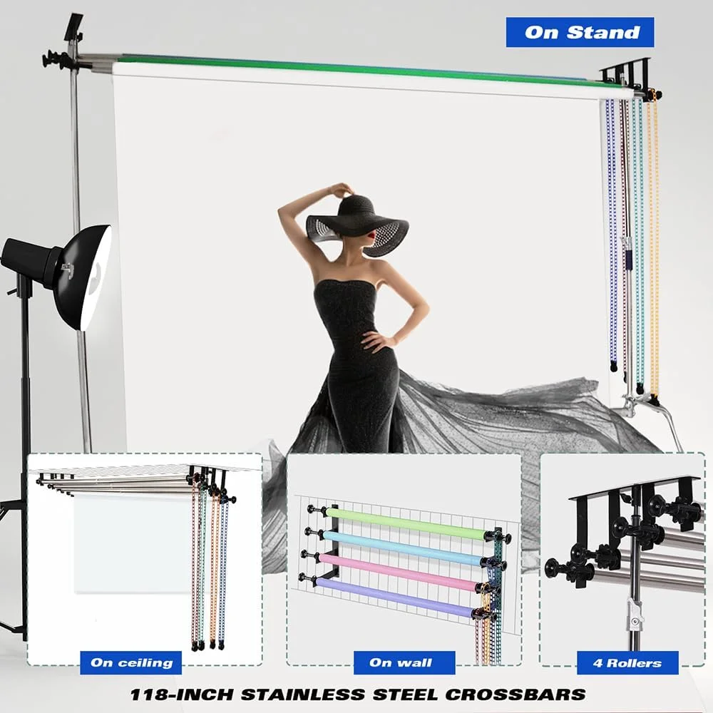 سیستم نگهدارنده پس زمینه عکاسی MagicLine با 4 غلتک، میله های متقاطع استیل ضد زنگ 118 اینچی، پایه دستی پس زمینه، نگهدارنده پس زمینه قابل نصب روی دیوار/سقف/پایه نور برای خانه و استودیو (پایداری) سیستم نگهدارنده پس زمینه عکاسی MagicLine با 4 غلتک، میله های متقاطع استیل ضد زنگ 118 اینچی، پایه دستی پس زمینه، نگهدارنده پس زمینه قابل نصب روی دیوار/سقف/پایه نور برای خانه و استودیو (پایداری)