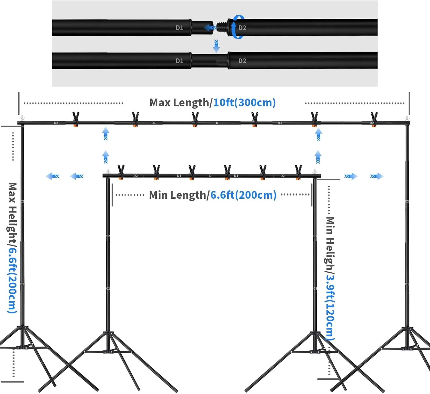 پایه پس زمینه 2x3 متری، کیت پایه پس زمینه عکس، پایه پس زمینه قابل تنظیم برای مهمانی ها، پایه پس زمینه با 6 گیره پس زمینه و کیف حمل برای تزئینات مهمانی های عکاسی عروسی