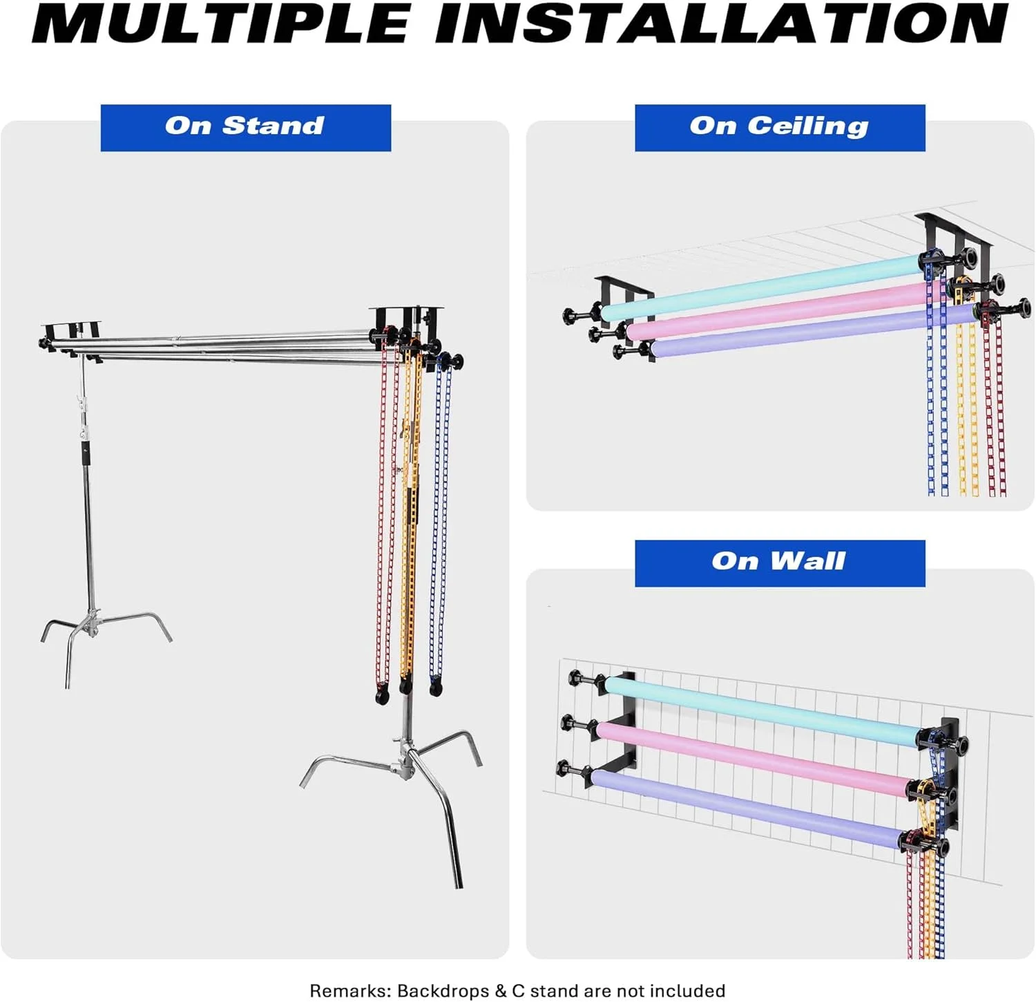 سیستم نگهدارنده پس زمینه عکاسی MagicLine با 3 غلتک، میله های متقاطع استیل ضد زنگ 118 اینچی، پایه پس زمینه دستی، نگهدارنده پس زمینه قابل نصب روی دیوار/سقف/پایه نور برای خانه و استودیو (پایداری) سیستم نگهدارنده پس زمینه عکاسی MagicLine با 3 غلتک، میله های متقاطع استیل ضد زنگ 118 اینچی، پایه پس زمینه دستی، نگهدارنده پس زمینه قابل نصب روی دیوار/سقف/پایه نور برای خانه و استودیو (پایداری)