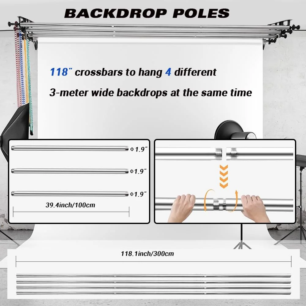 سیستم نگهدارنده پس زمینه عکاسی MagicLine با 4 غلتک، میله های متقاطع استیل ضد زنگ 118 اینچی، پایه دستی پس زمینه، نگهدارنده پس زمینه قابل نصب روی دیوار/سقف/پایه نور برای خانه و استودیو (پایداری) سیستم نگهدارنده پس زمینه عکاسی MagicLine با 4 غلتک، میله های متقاطع استیل ضد زنگ 118 اینچی، پایه دستی پس زمینه، نگهدارنده پس زمینه قابل نصب روی دیوار/سقف/پایه نور برای خانه و استودیو (پایداری)
