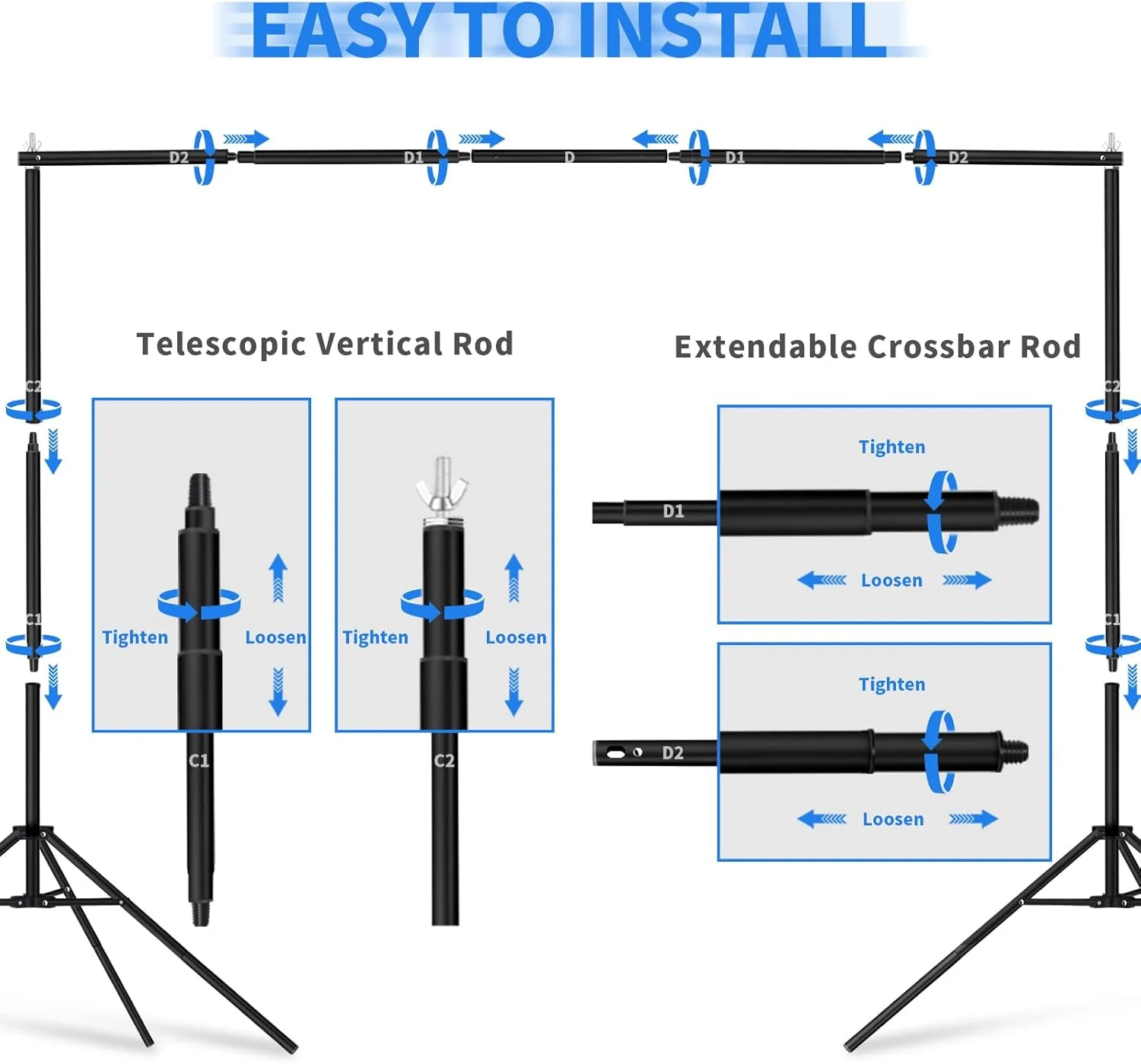 پایه پس زمینه 2x3 متری، کیت پایه پس زمینه عکس، پایه پس زمینه قابل تنظیم برای مهمانی ها، پایه پس زمینه با 6 گیره پس زمینه و کیف حمل برای تزئینات مهمانی های عکاسی عروسی