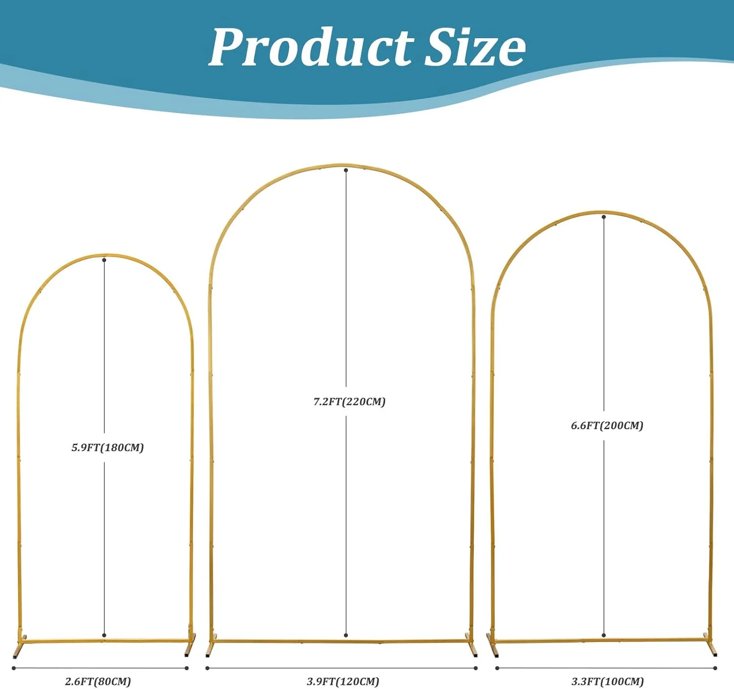 مجموعه پایه طاق فلزی، 3 عدد، ارتفاع 2.2/2/1.8 متر، طاق های طلایی برای مراسم عروسی، پایه قاب طاق بادکنک فلزی، آربور باغی برای دکوراسیون جشن سالگرد عروسی