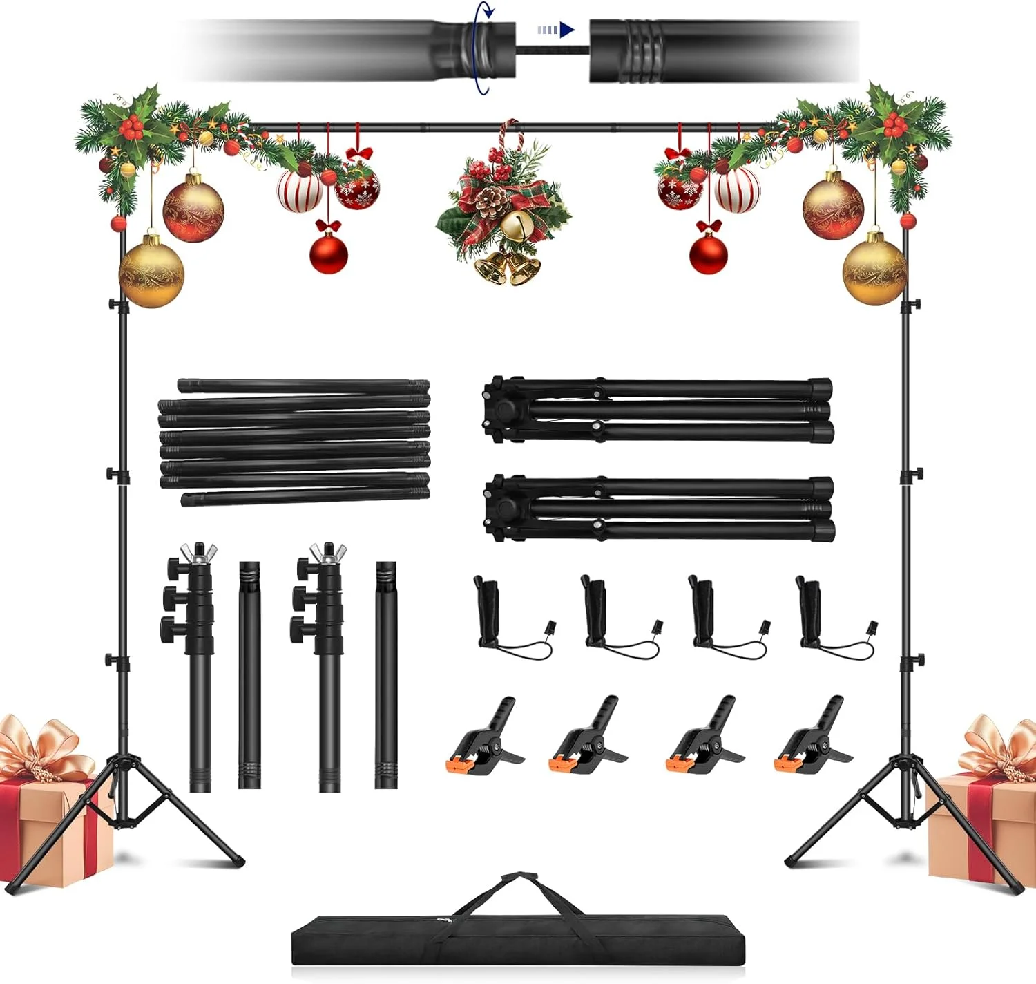 کیت پایه پرده پس زمینه تاشو معکوس قابل حمل Jiang&Rong، 3 متر در 2 متر (عرض در ارتفاع) پایه پس زمینه قابل تنظیم با کیف حمل برای مهمانی، تولد، عروسی، فارغ التحصیلی