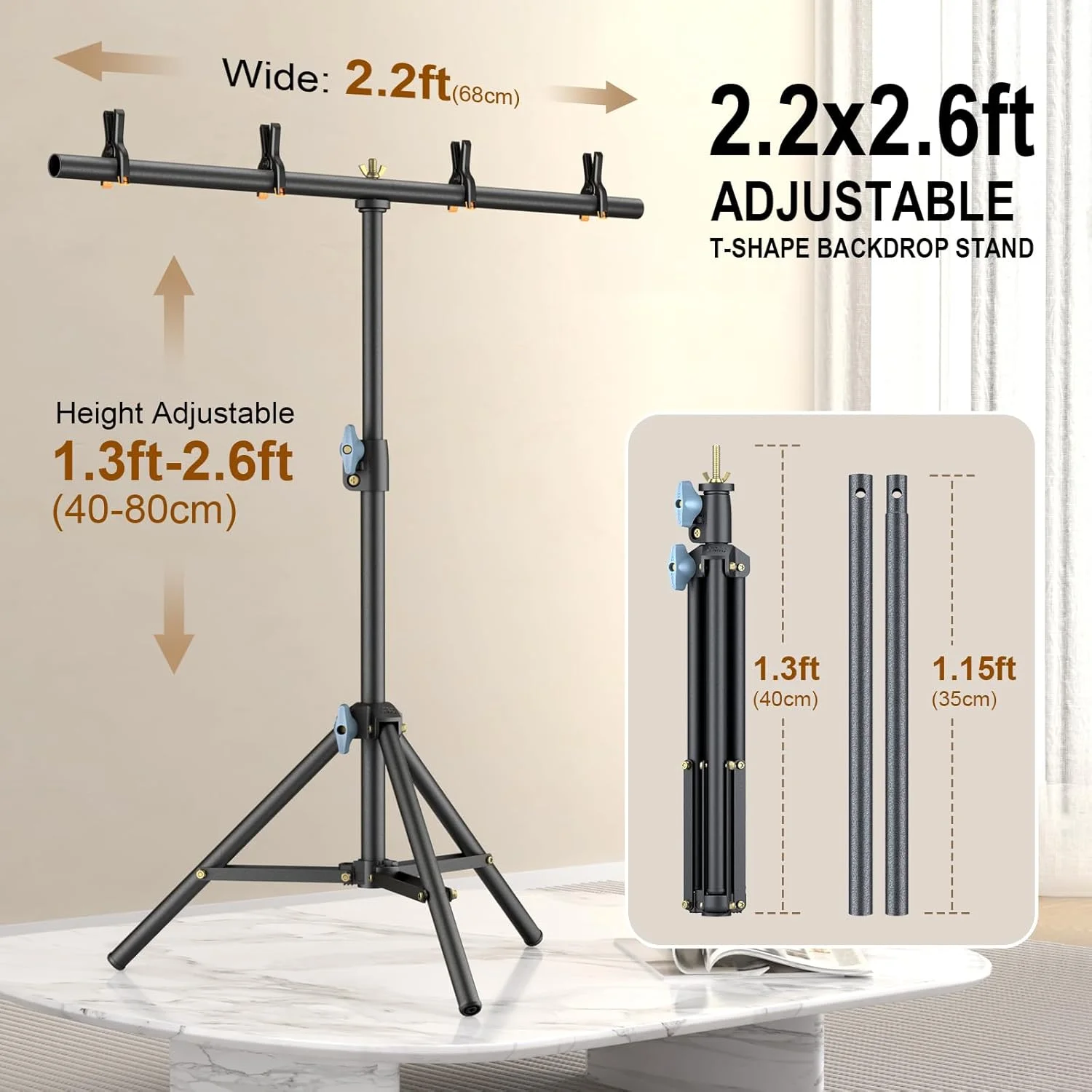 پایه پس زمینه کوچک لینکو Lincostore، پایه رومیزی قابل حمل 2.2x2.6 فوت به شکل T با کیف حمل و 4 گیره فنری برای پس زمینه کوچک عکاسی