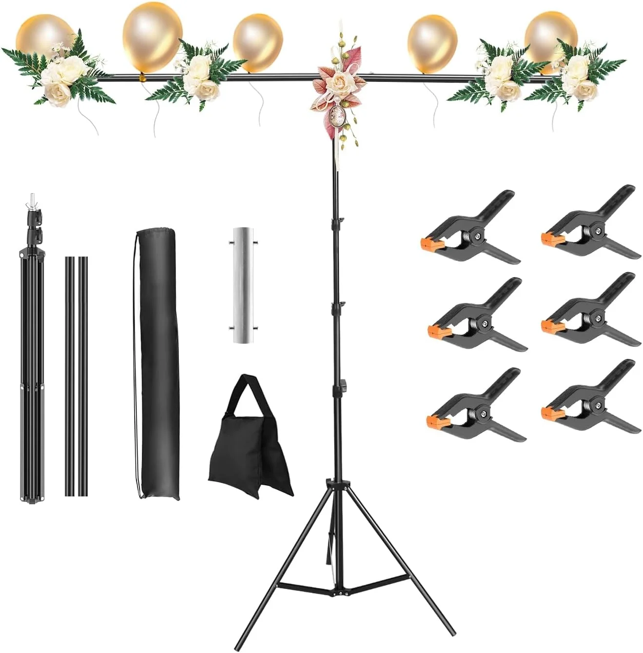 پایه پس زمینه آی مانتک برای مهمانی، 2x2.6 متری قابل تنظیم برای استودیو عکس و فیلم، پایه پس زمینه عکس با 6 گیره فنری، کیسه شن و کیف حمل برای تولد/مهمانی/عروسی