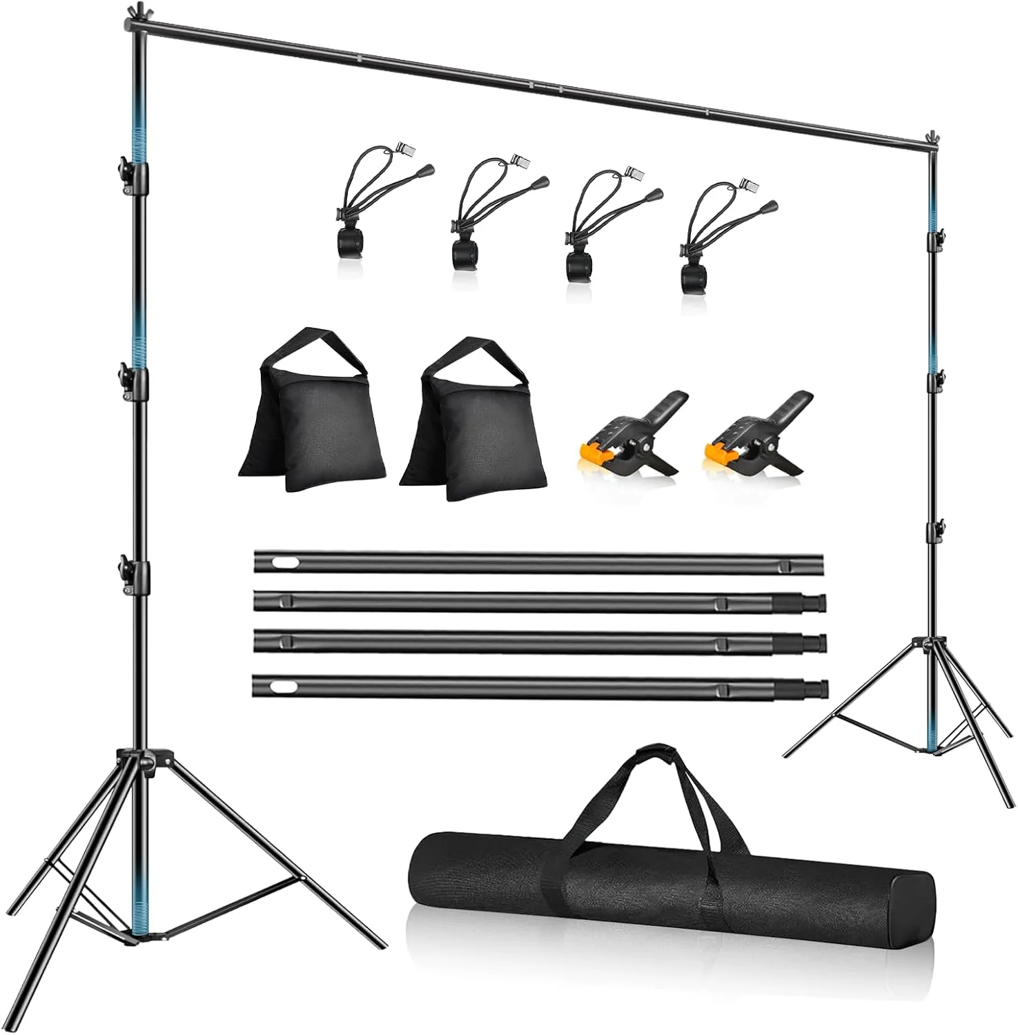 پایه نگهدارنده پس زمینه استودیویی سنگین 3x3 متری، سیستم پشتیبانی پس زمینه عکاسی قابل تنظیم با فنر ضد ضربه، 2 کیسه شن، کیف حمل، 6 گیره