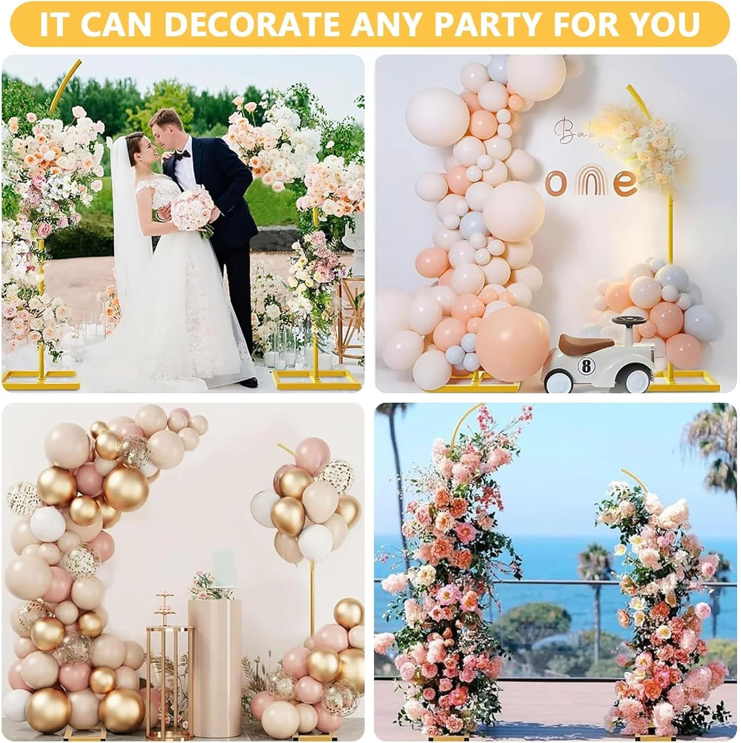 پایه طاق بادکنک فلزی، طاق طلایی منحنی برای عروسی، قاب طاق فلزی برای عروسی، تولد، مهمانی، جشن فارغ التحصیلی، دکوراسیون پس زمینه استودیو جشن سالگرد (241 سانتی متر و 204 سانتی متر)