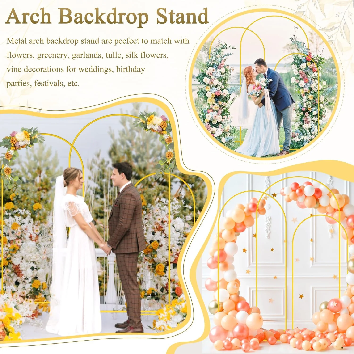 مجموعه پایه استند بک‌دراپ طاق عروسی FOTSHARER، شامل 3 عدد (2.2 متر، 2 متر، 1.8 متر)، استند بک‌دراپ طلایی برای مهمانی، استند طاق فلزی، فریم طاق بادکنکی، بک‌دراپ برای مراسم فارغ‌التحصیلی، دکور استند طاق گرد