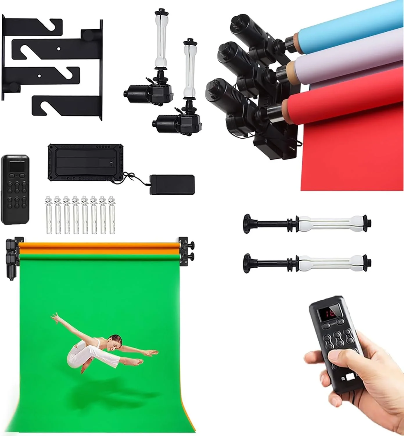 نگهدارنده پس زمینه برقی دیواری سقفی، پایه نگهدارنده پس زمینه ایستاده 2/3/4/6 رول، کیت سیستم پشتیبانی پس زمینه رولر موتوری با کنترل از راه دور، برای استودیو عکس (4 رول)