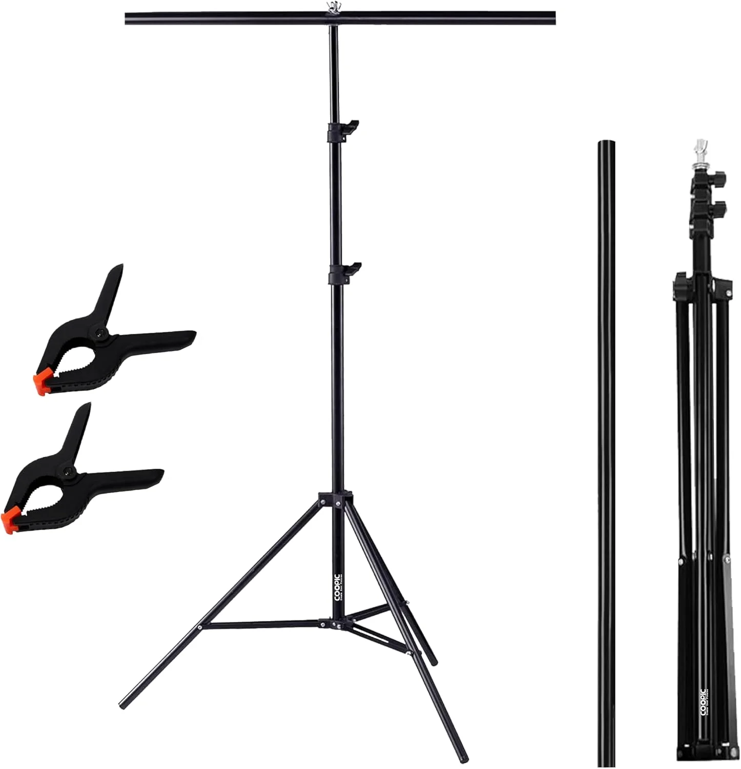 پایه نگهدارنده پس زمینه COOPIC مدل T: سه پایه قابل تنظیم 200 سانتی متری و میله افقی 83 سانتی متری به همراه 2 گیره محکم برای استودیو عکاسی و فیلمبرداری