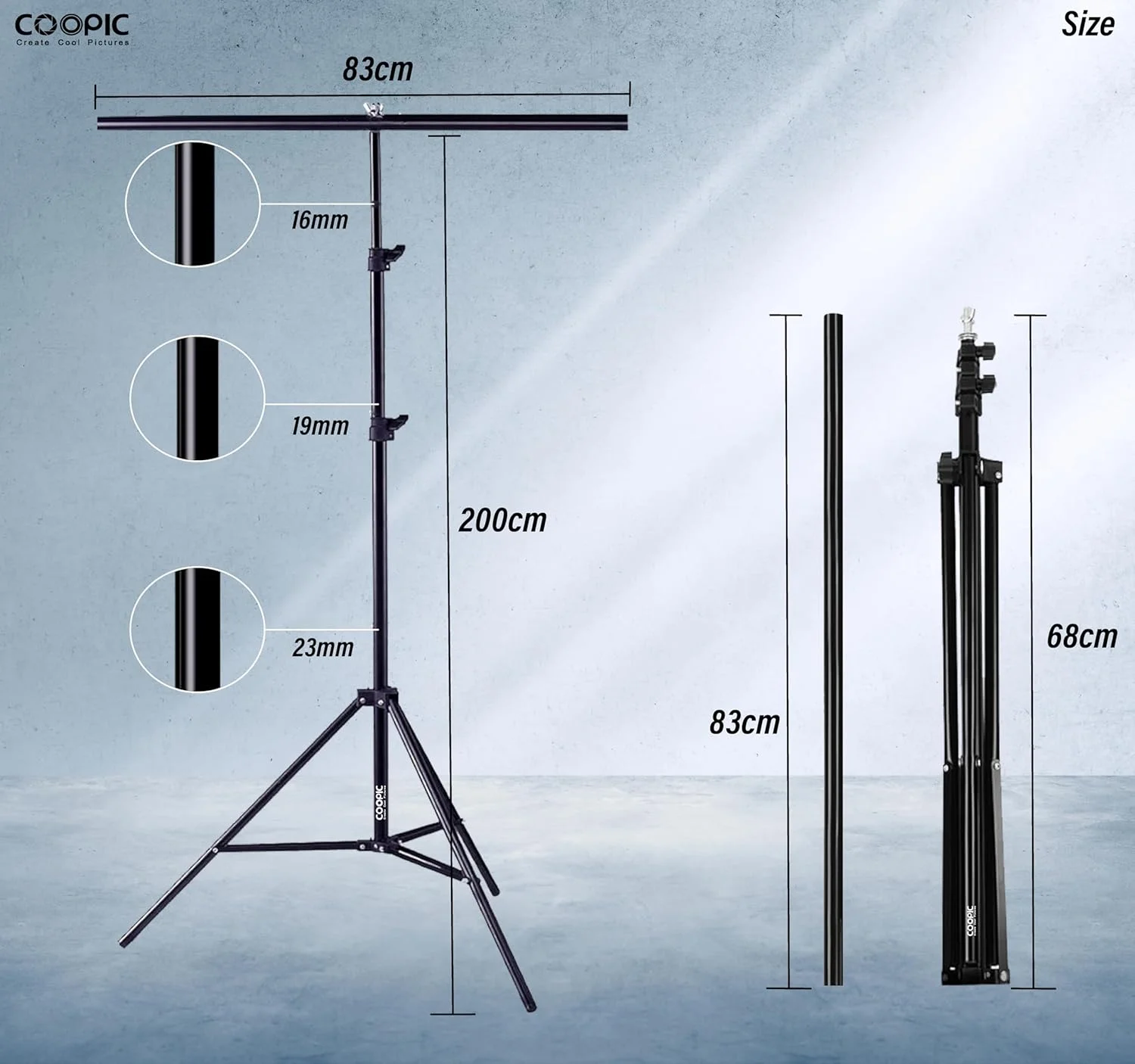 پایه نگهدارنده پس زمینه استودیویی COOPIC مدل T-Shape: سه پایه قابل تنظیم 200 سانتی متری با میله افقی 83 سانتی متری و 2 عدد گیره برای استودیو فیلمبرداری و عکاسی پایه نگهدارنده پس زمینه استودیویی COOPIC مدل T-Shape: سه پایه قابل تنظیم 200 سانتی متری با میله افقی 83 سانتی متری و 2 عدد گیره برای استودیو فیلمبرداری و عکاسی