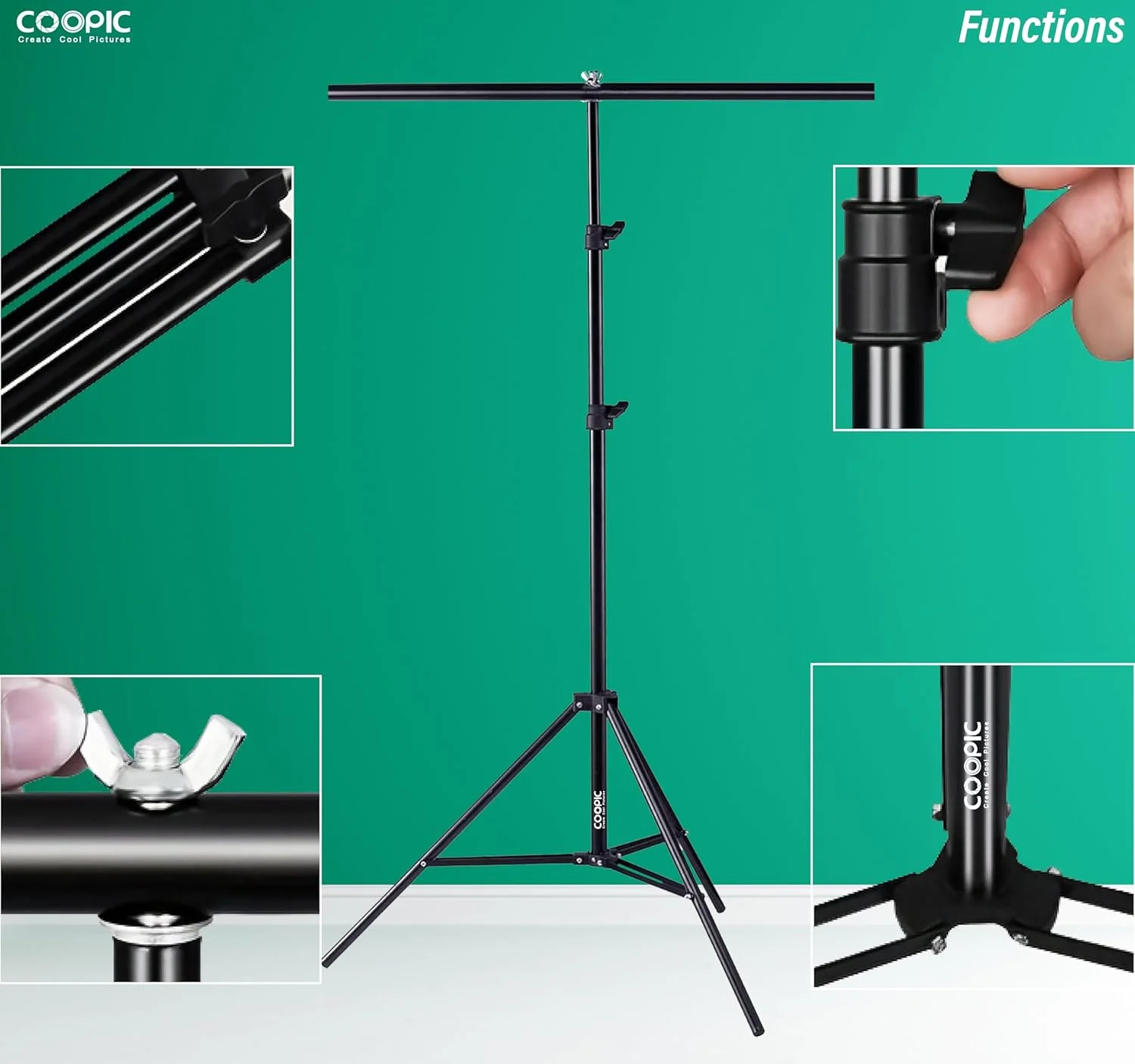 پایه نگهدارنده پس زمینه استودیویی COOPIC مدل T-Shape: سه پایه قابل تنظیم 200 سانتی متری با میله افقی 83 سانتی متری و 2 عدد گیره برای استودیو فیلمبرداری و عکاسی پایه نگهدارنده پس زمینه استودیویی COOPIC مدل T-Shape: سه پایه قابل تنظیم 200 سانتی متری با میله افقی 83 سانتی متری و 2 عدد گیره برای استودیو فیلمبرداری و عکاسی
